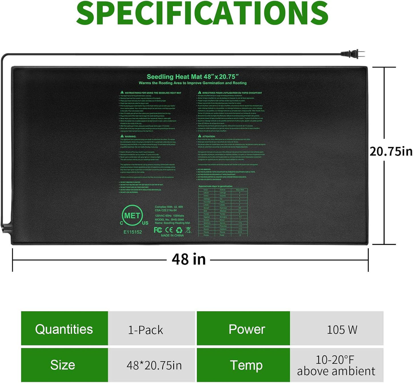 Seedling Heat Mat 48" x 20"in,Waterproof Heat Mats for Seed Starting,Plant Heating Mat for Seed Germination,Hydroponic Plant,Reptile Indoor