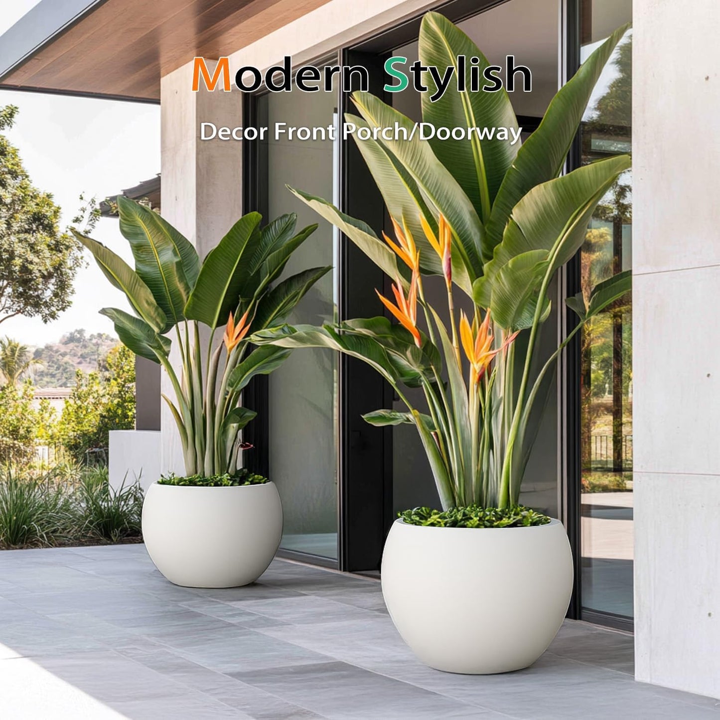 Ball Fiberstone Planter Outdoor Indoor, Large Tall Plant Pots for Front Porch, Patio, Garden (White, 20 inch)