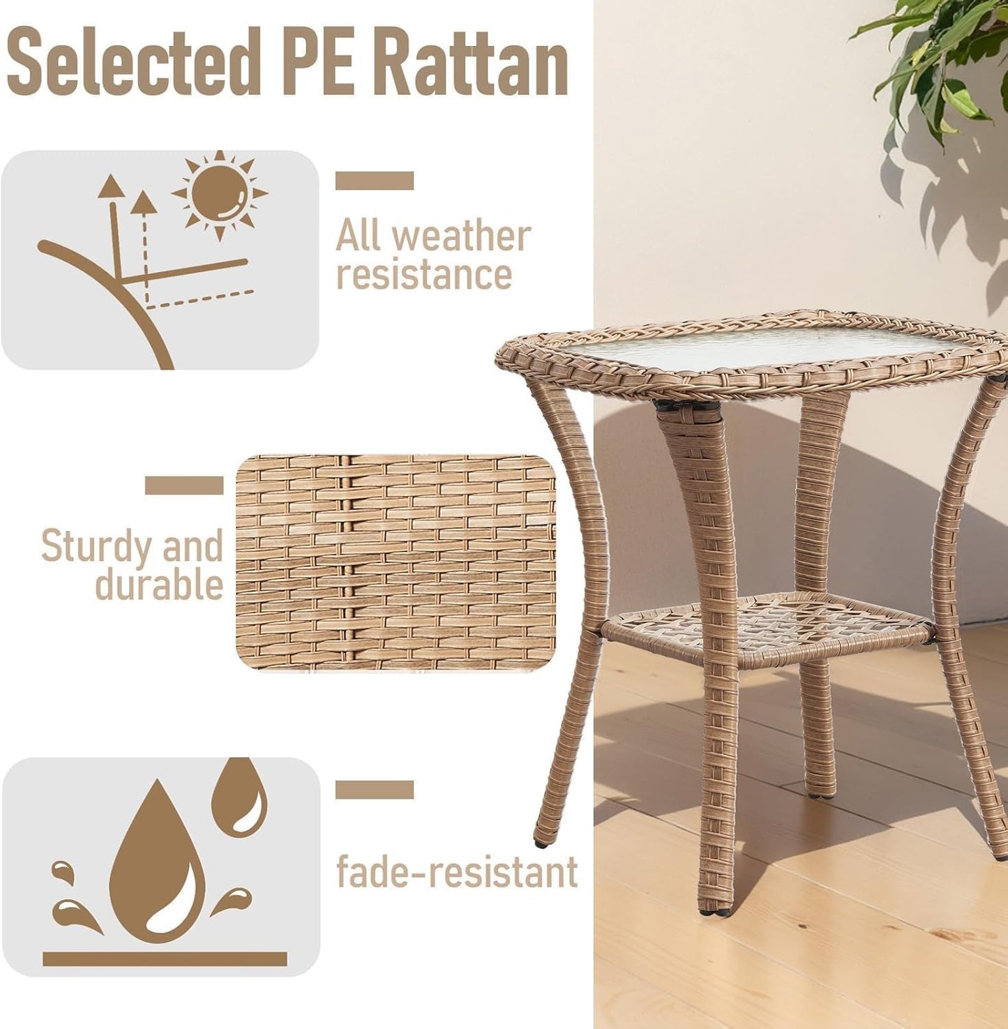 Outdoor Side Tables for Patio, Wicker/Rattan End Tables, Outdoor Wicker Side Table, Yellow Rattan Glass Top Patio Side Table