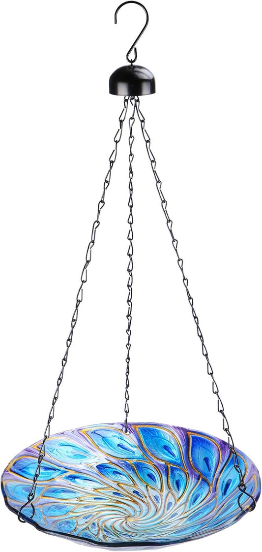 VCUTEKA Hanging Bird Baths Outdoor Glass Peacock Birdbath Birdfeeder for Garden Yard Decoration