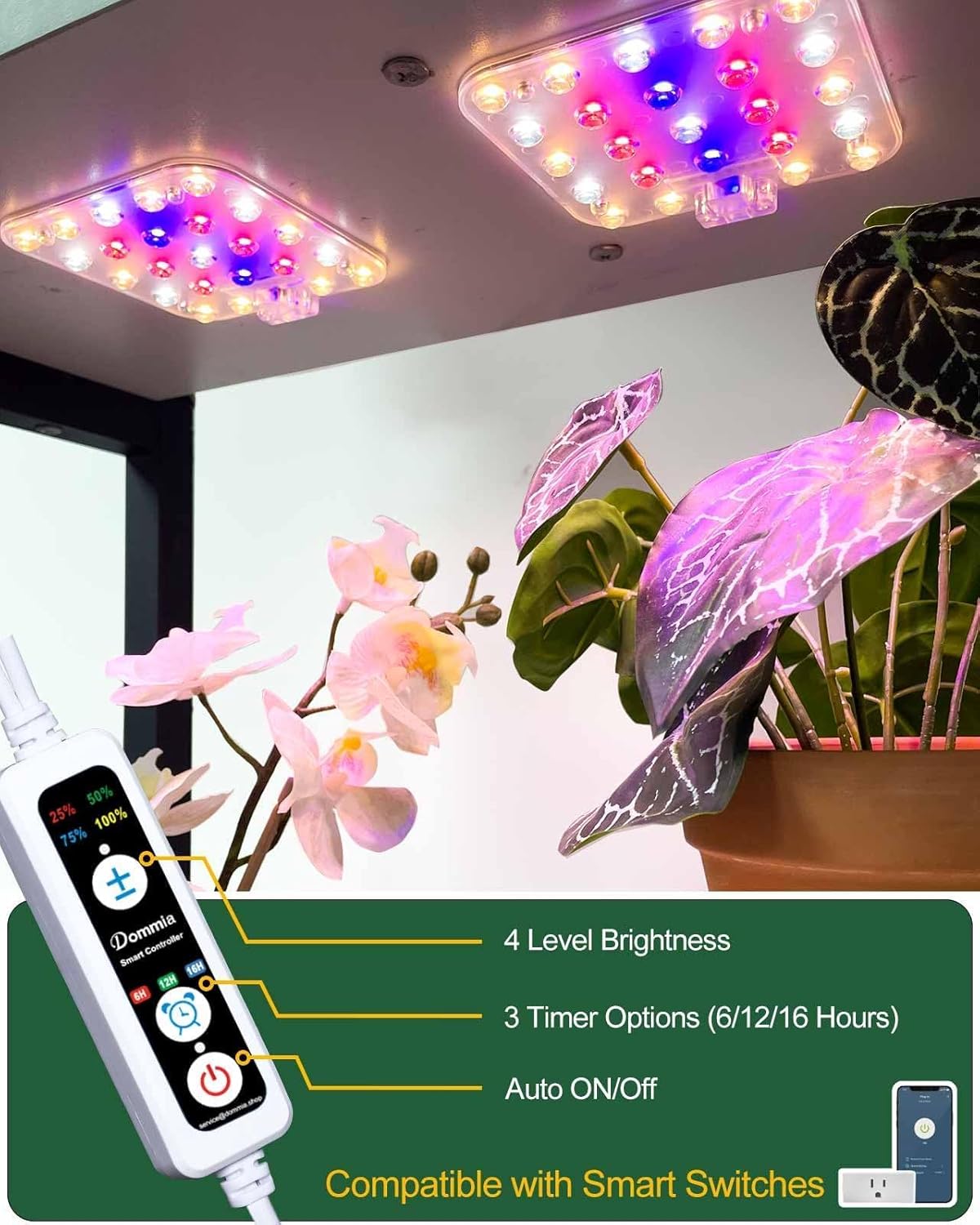 DOMMIA Grow Lights, Full Spectrum High PPFD with Optical Lens, Auto on/Off and 6/12/16H Timer,4 Brightness Levels,Under Cabinet LED Plant Light for All Indoor Growing