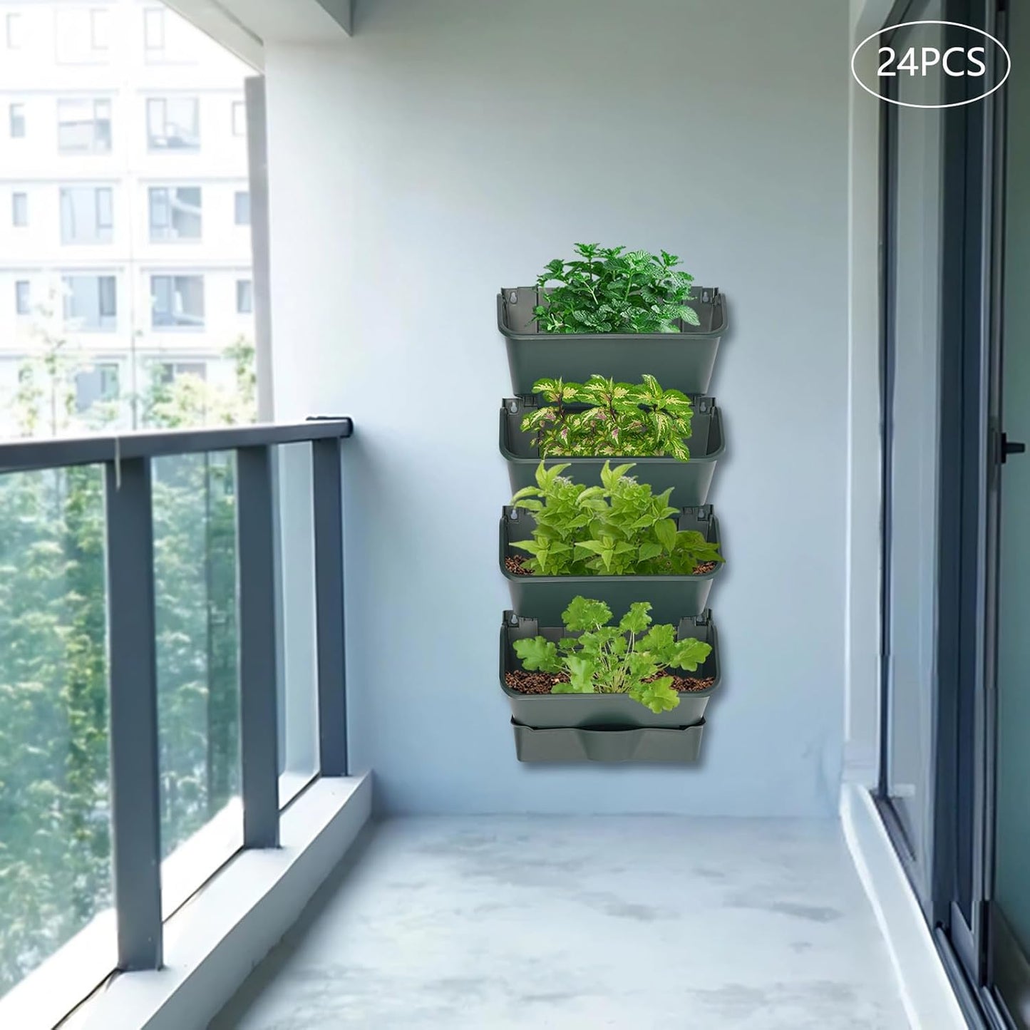Vertical Wall Planter with 24 Pots, Hanging Garden Plant Flowerpot Holder, Stackable Wall-Mounted Planter, Balcony Planters for Flowers Vegetables Fruits (Army Green, 24 Pots+6 Drainage Planters&Pipe)