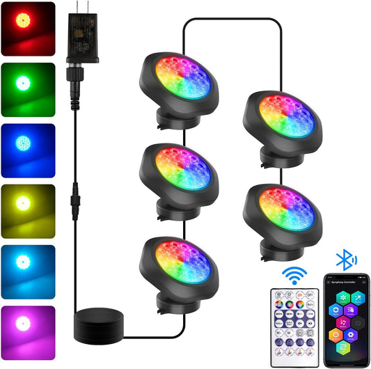 T-SUN Color Changing Underwater Pond Lights, IP68 Waterproof Fountain Lights Dimmable Timer Submersible LED Landscape Spotlights for Outdoor Koi Fish Tank Aquarium Garden(Set of 5)