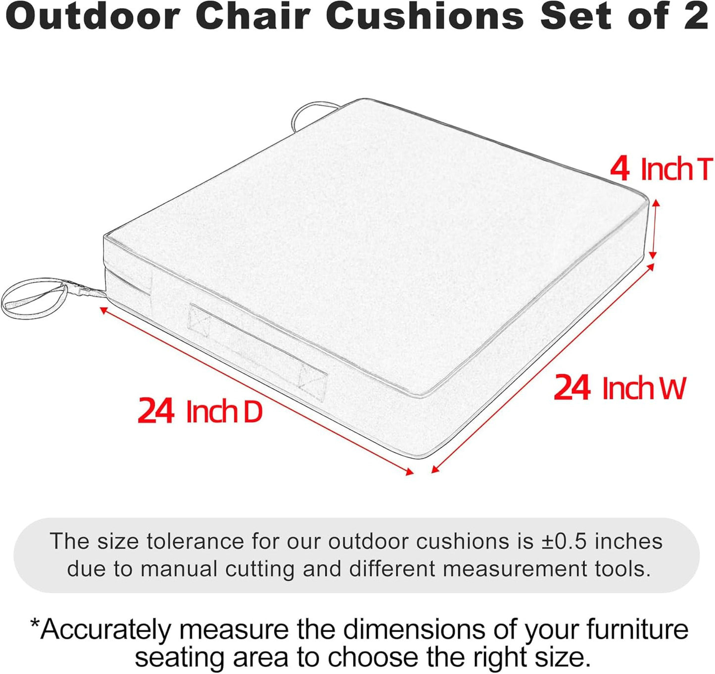 Favoyard Patio Chair Cushions 24 x 24 x 4 Inch Waterproof Outdoor Seat Cushions for Patio Furniture 3-Year Color Fastness Garden Sofa Couch Chair Pads with Handle & Adjustable Straps Set of 2, Beige