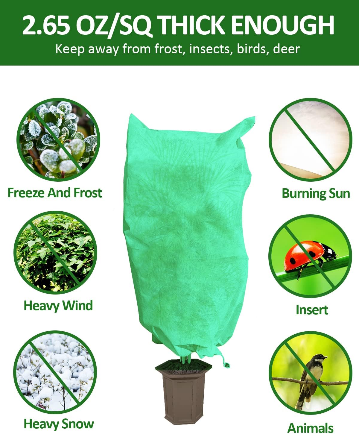 EAONE 12 Pack Plant Covers Freeze Protection, 32x47'' Winter Frosts Cloth for Outdoor Plants, Reusable Frost Blankets Drawstring Bags for Cold Freeze Sun Protection Bird Insect Prevention,Green