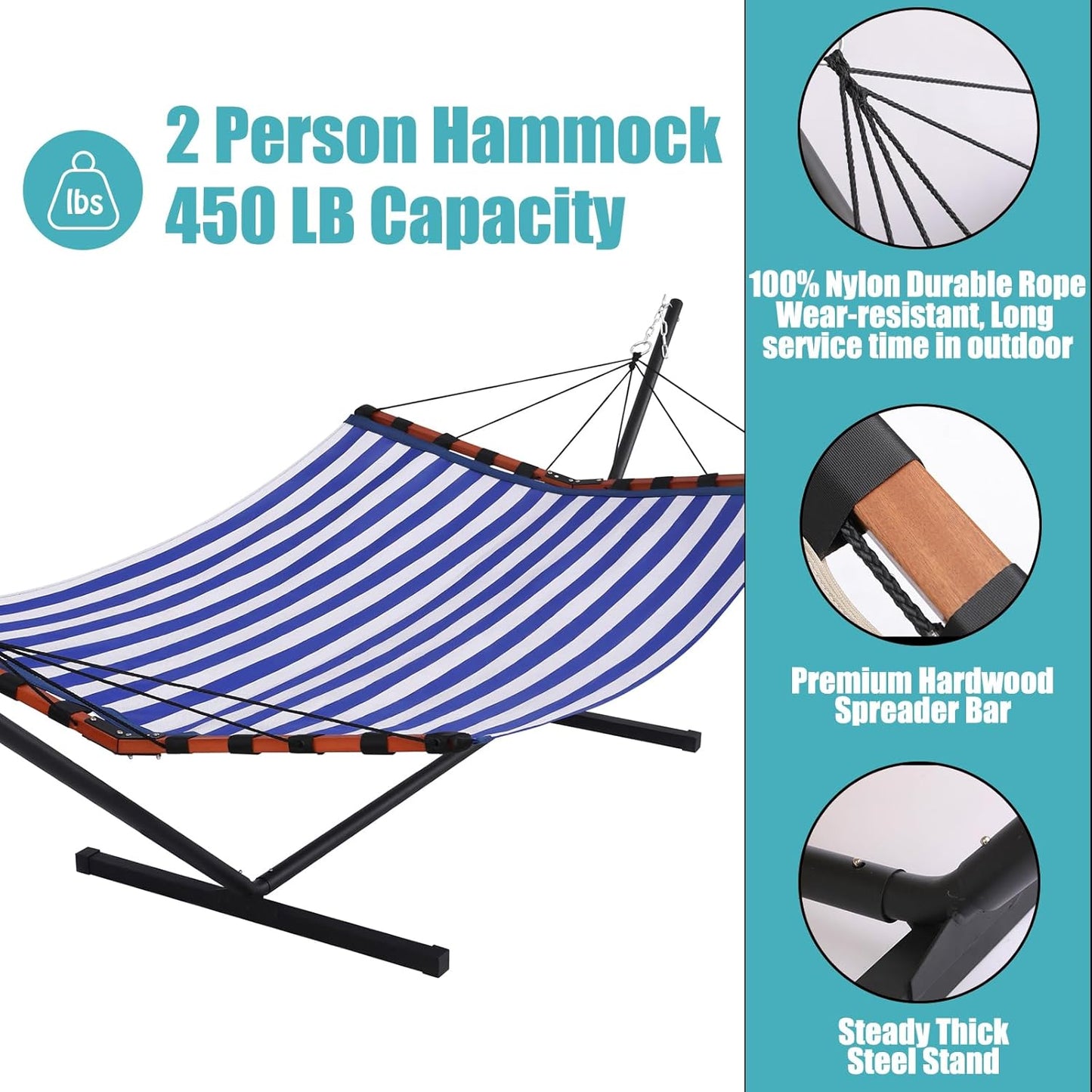 TegerDeger 12FT 2 Person Hammock with Stand Included 55 x 79IN Large Hammock Quick Dry 450LB Capacity with V Shaped Hardwood Spreader Bar & Nylon Rope for Outside, Patio, Garden - Tender Blue Stripes