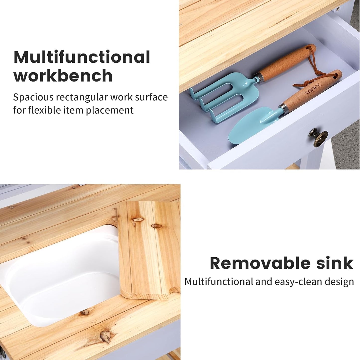 Potting Bench Outdoor Potting Table—All-Weather Kids Solid Wood Garden Work Station with Sink、Drawer、Hooks、3Flower Pots, Weather Proof （Blue, Large）