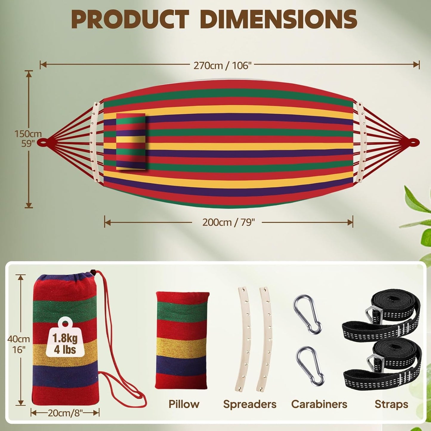 Chihee Cotton Hammock Large Soft Breathable Camping Hammock Holds Up to 660lbs Portable Tree Hammock with Detachable Spreader Bar Pillow 2 Strong Webbings 2 Carabiners Patio Garden Indoor Outdoor