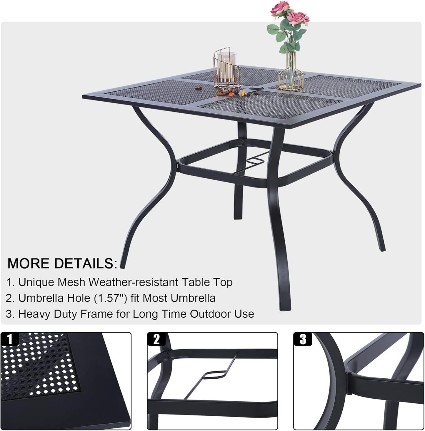 PHI VILLA 37 Inch Outdoor Dining Table Metal Steel Mesh Patio Dining Table Umbrella Table with 1.57" Umbrella Hole (Mesh)