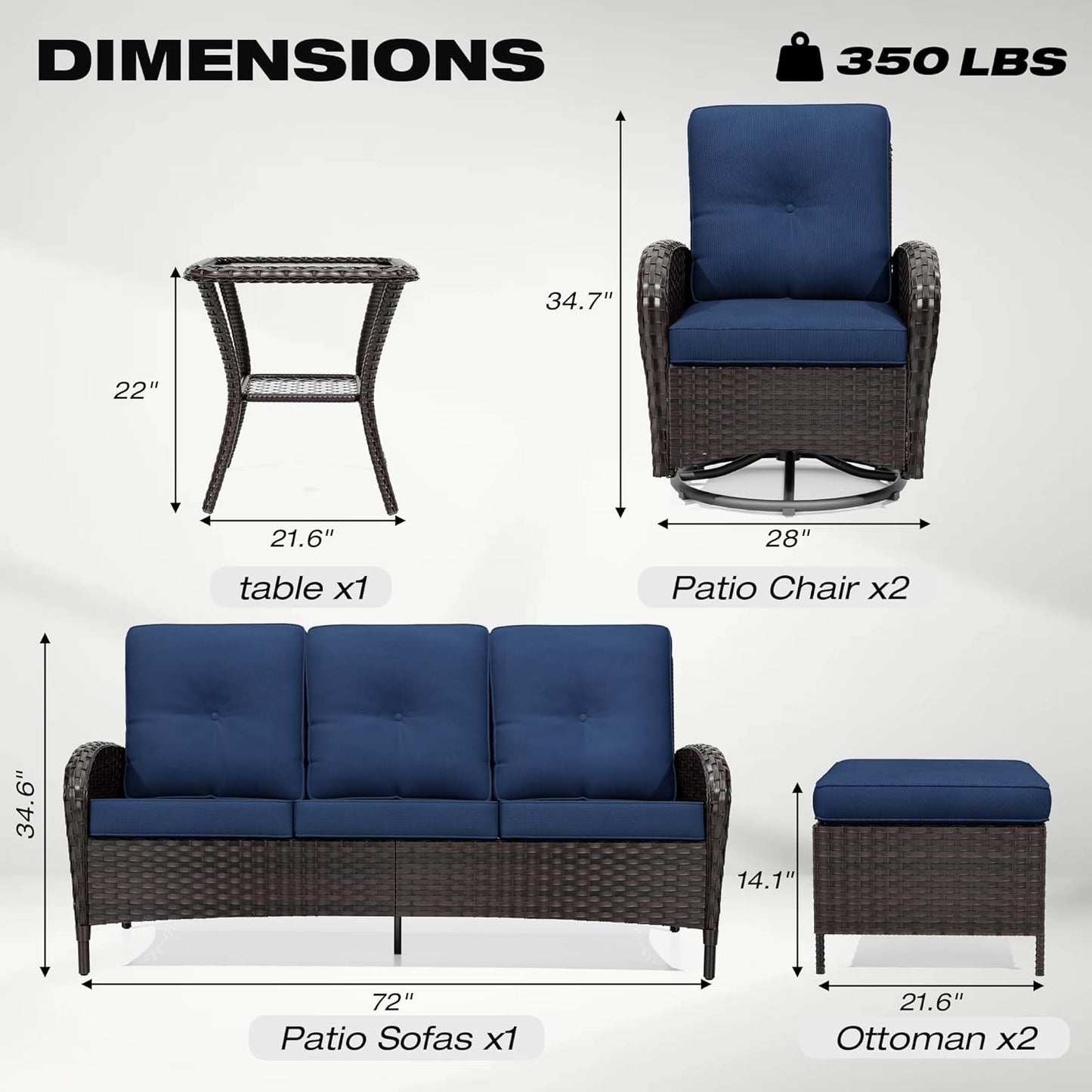 Joyside 6 Piece Patio Furniture Set, Outdoor Wicker Conversation Sets with Swivel Rocker Chairs and Sofa, Thick Cushion, Rattan Patio Sectional for Porch, Deck Use (Brown/Blue, 6 PCS)