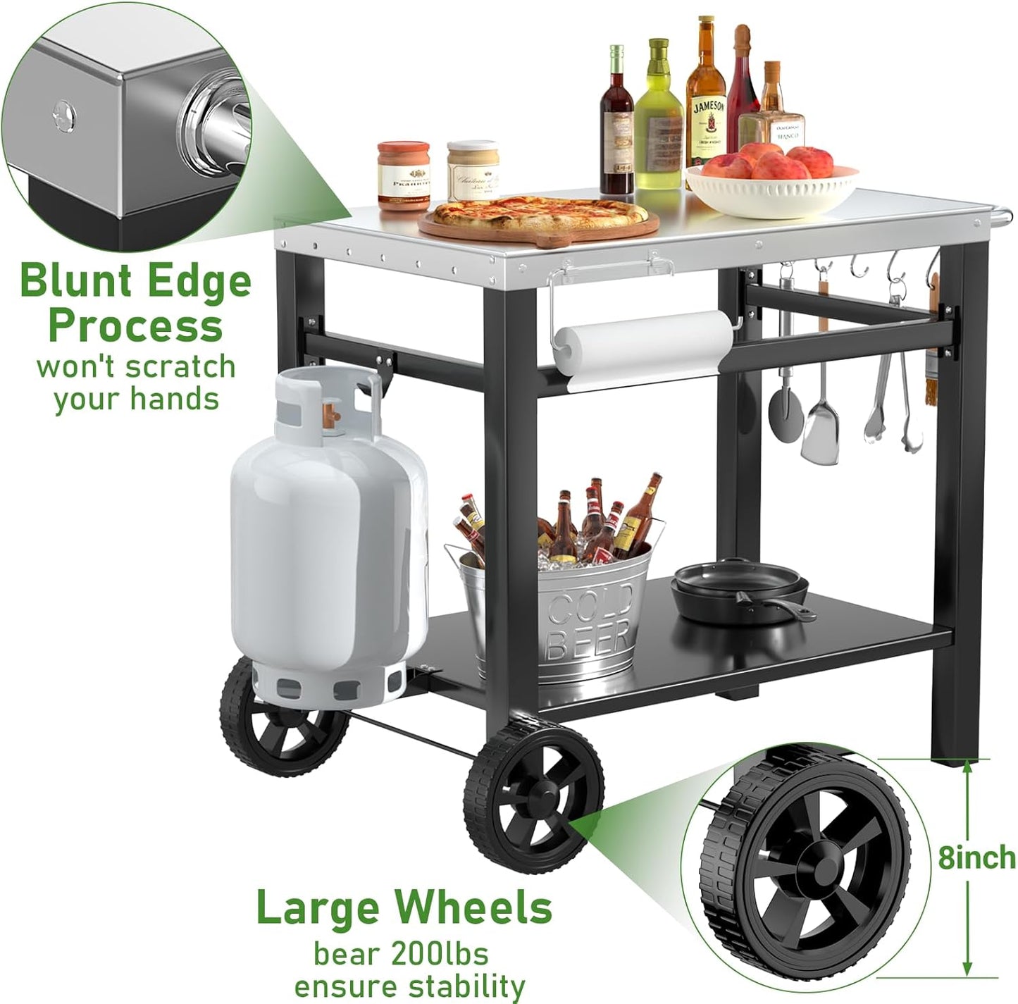 34x21IN Outdoor Grill Table, Grill Stand Cart for Ninja Woodfire & Blackstone Griddle, Pizza Oven Table for Outside, Extra-Wide Stainless Steel Cart with Wheels for Kitchen Food Prep Table