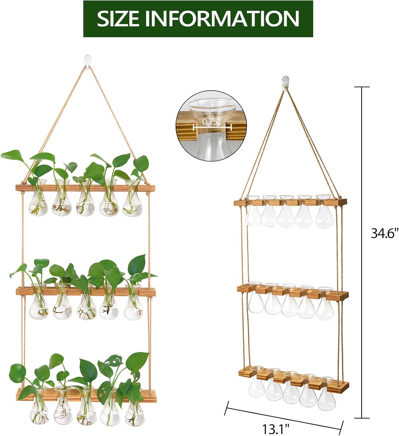 XXXFLOWER Wall Hanging Propagation Station with Wooden Stand 5 Bulb Vase 3 Tiered Planters Wall Terrarium for Home Office Plant Hanger Flower Vases Wall Decor