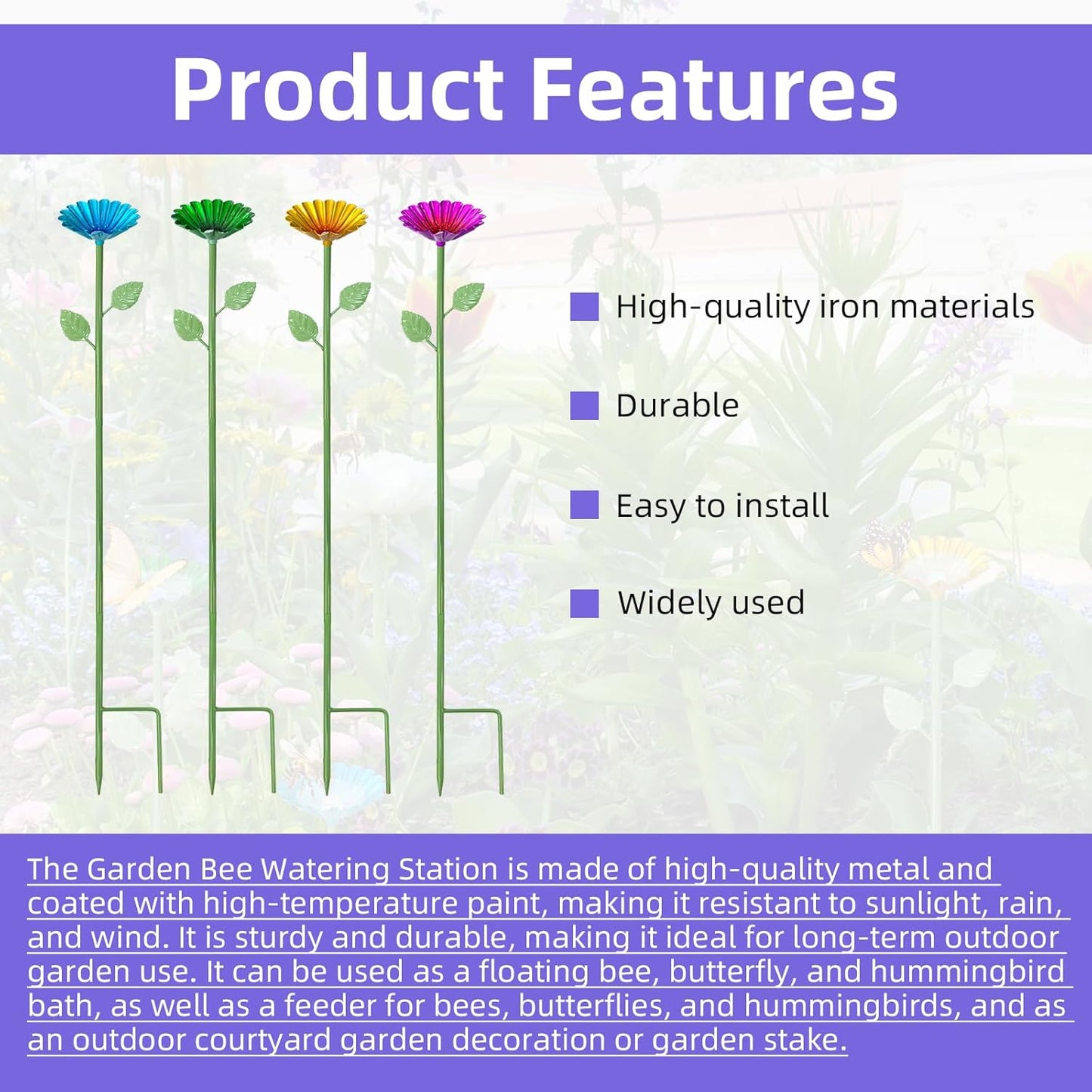 4 pcs Metal Colorful Flower Design Butterfly Feeders Bowl Bee Watering Station with 20 Colorful Glass Marbl for Outdoor Patio Garden Decoration (Red,Green,Blue,Yellow)