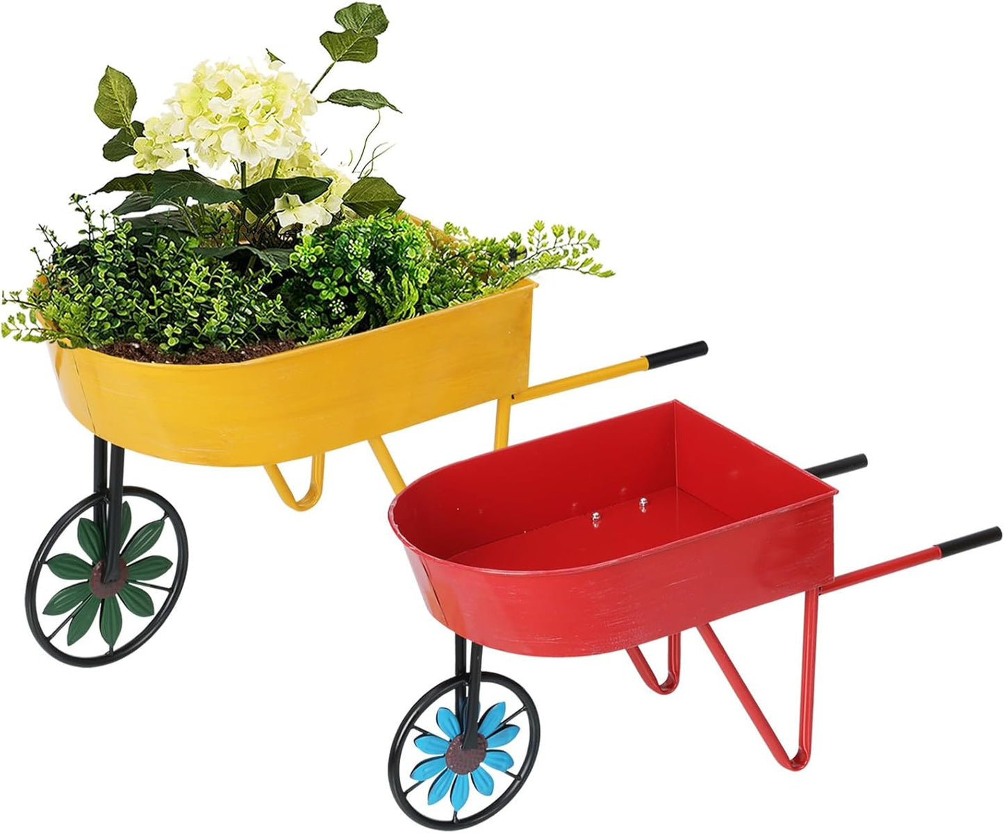 BAYN Metal Wheelbarrow Flower Cart Planter, 2 Packs Plant Stands with Triangular Support Handles Non-Rolling Wheel Vintage Wagon Planter Pots for Home Patio Garden Backyard Rustic Outdoor Decor