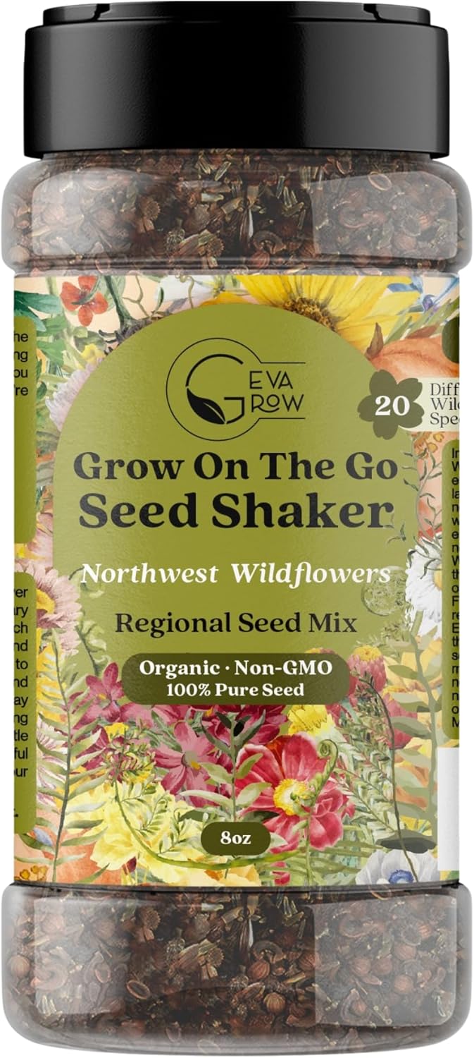 Geva Grow on The Go Seed Shaker - Northwest Wildflower Seeds Regional Mix - Organic, Non-GMO - 100% Pure Seed - 20 Different Wildflowers Seeds of Annual and Perennial, 8oz