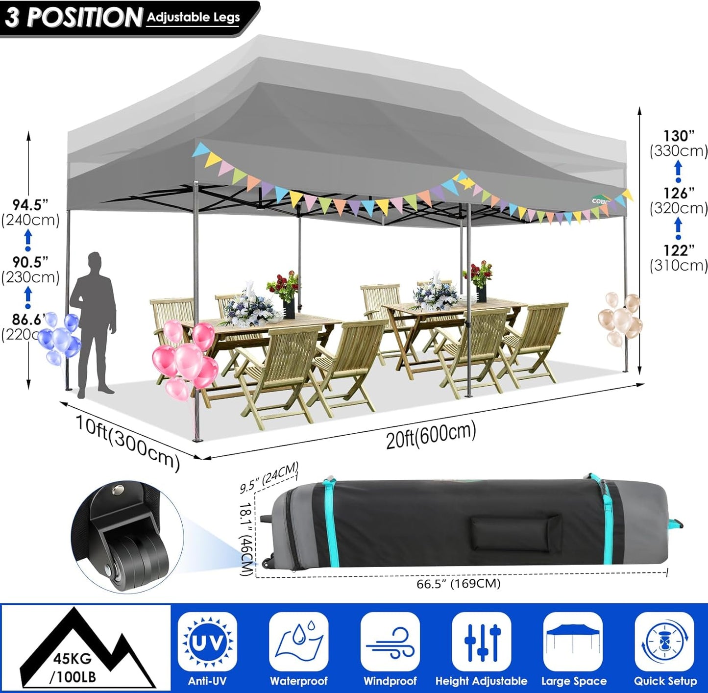COBIZI 10x20 Heavy Duty Pop up Canopy Tent Easy Up Commercial Outdoor Canopy Wedding Party Tents for Parties All Season Wind & Waterproof Gazebo with Roller Bag,Grey(Frame Thickened)