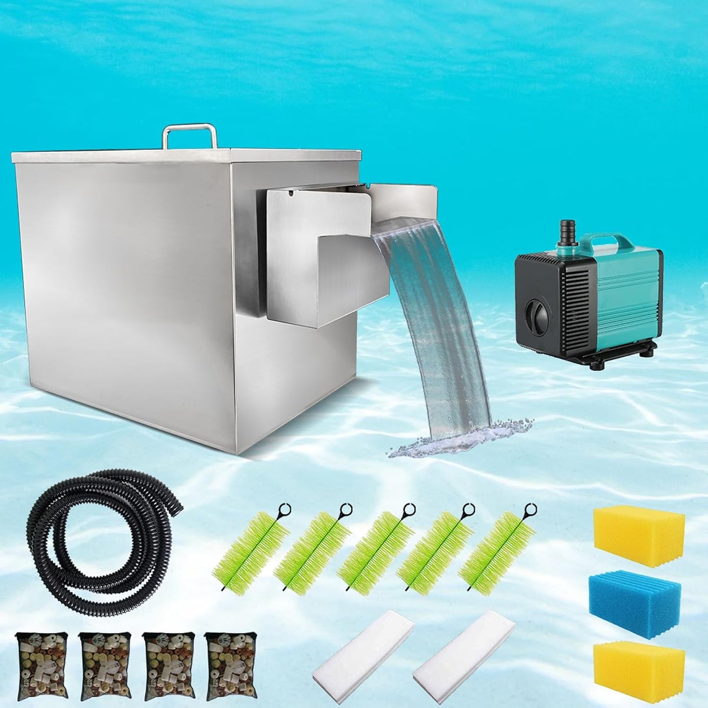 Carefree Fish Koi Pond Filter Box Stainless Steel Garden Water Waterfall Filtration Outdoor Horse Equipment Pool Filter System with Water Pump(Patent No.:US D1067273S)