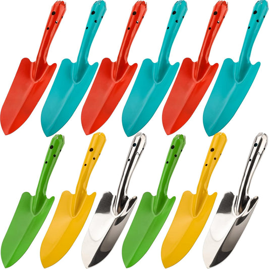 12 Pieces Mini Shovel Set Colorful Metal Garden Tools Hand Trowel Small Digging Shovel for Planting Transplanting Weeding Digging, 6 Colors