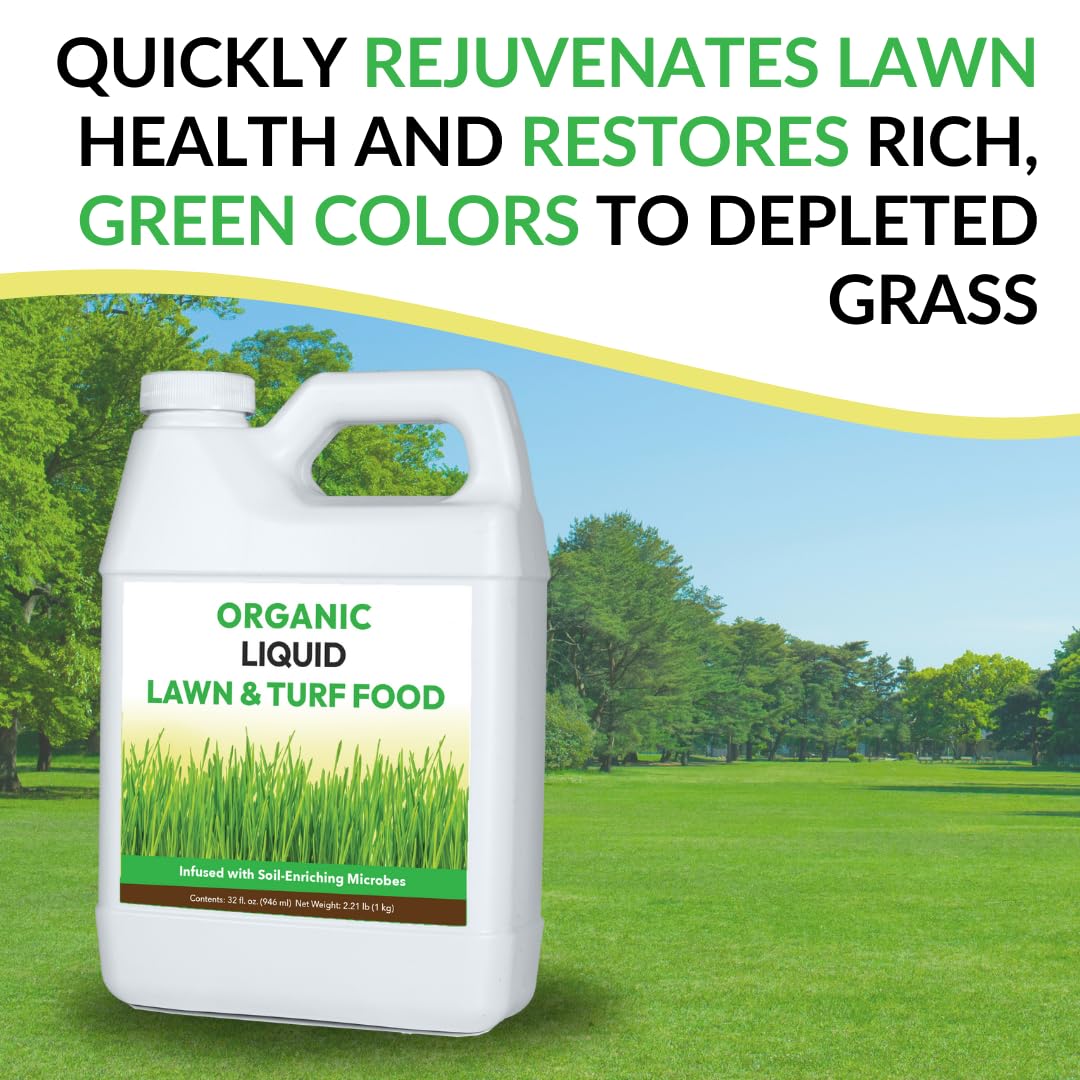 Organic Liquid Lawn & Turf Food - Quickly Rejuvenates Lawn Health and Restores Rich Green Colors to Depleted Grass | Infused with Soil Enriching Microbes (32oz, Treats Up to 5,000 Sq. Feet)
