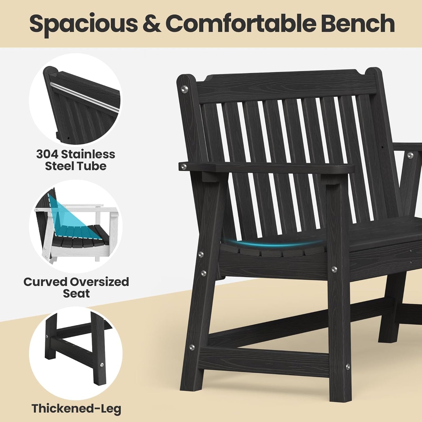 Ciokea 46" Heavy Duty Outdoor Bench Set of 2, HDPE Weatherproof Garden Bench, 2-Person Memorial Benches with 660 Lbs, Waterproof Patio Porch Benches for Outside Business Deck Office Backyard, Black