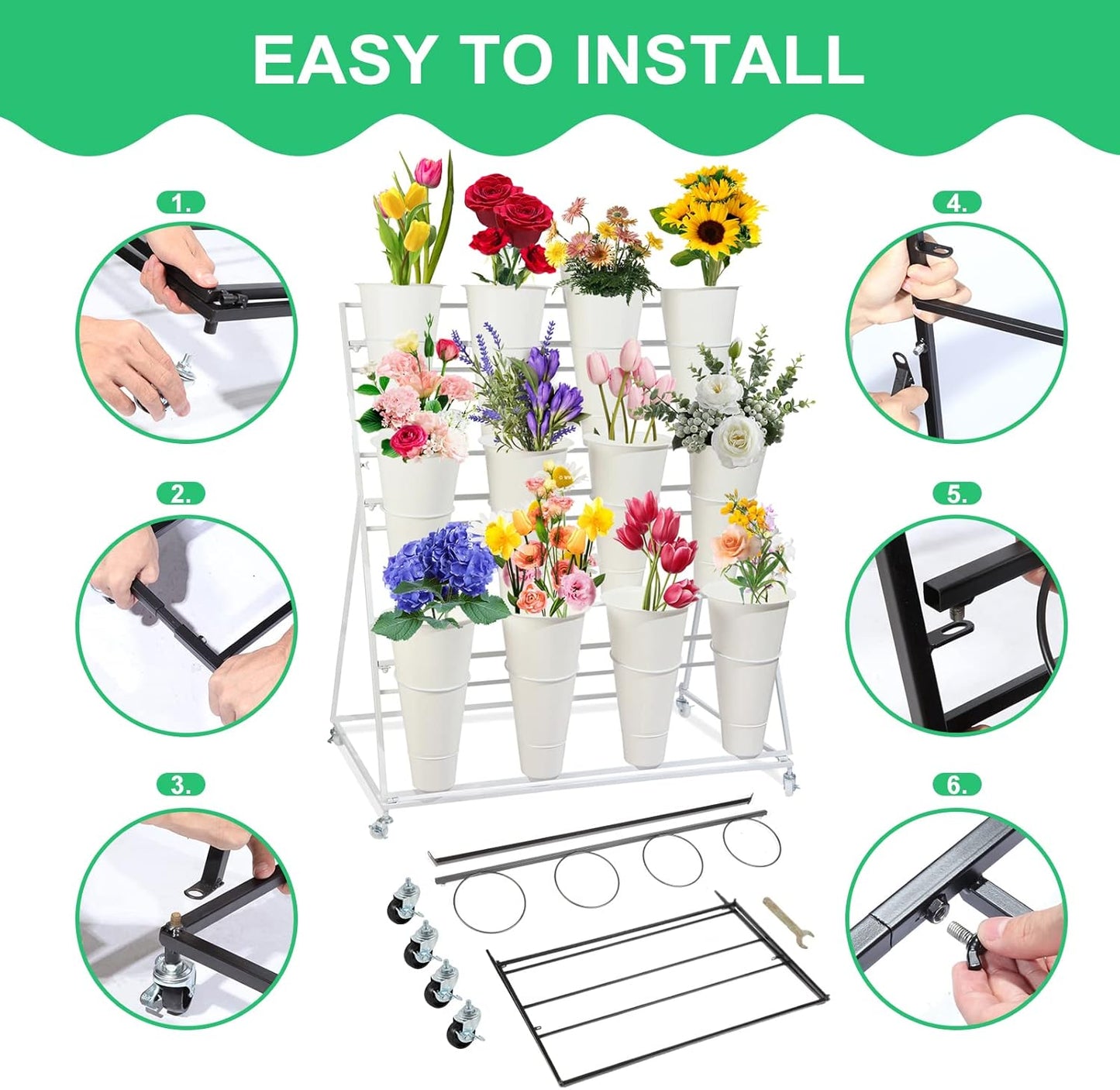 Flower Display Stand with Buckets, 3 Layers Metal Plant Stand, Moving Florist Bouquet Shelf for Fresh Flower Shop, for Patio Garden, Outdoor Flower Pop-Up Events (White Frame - White Bucket)