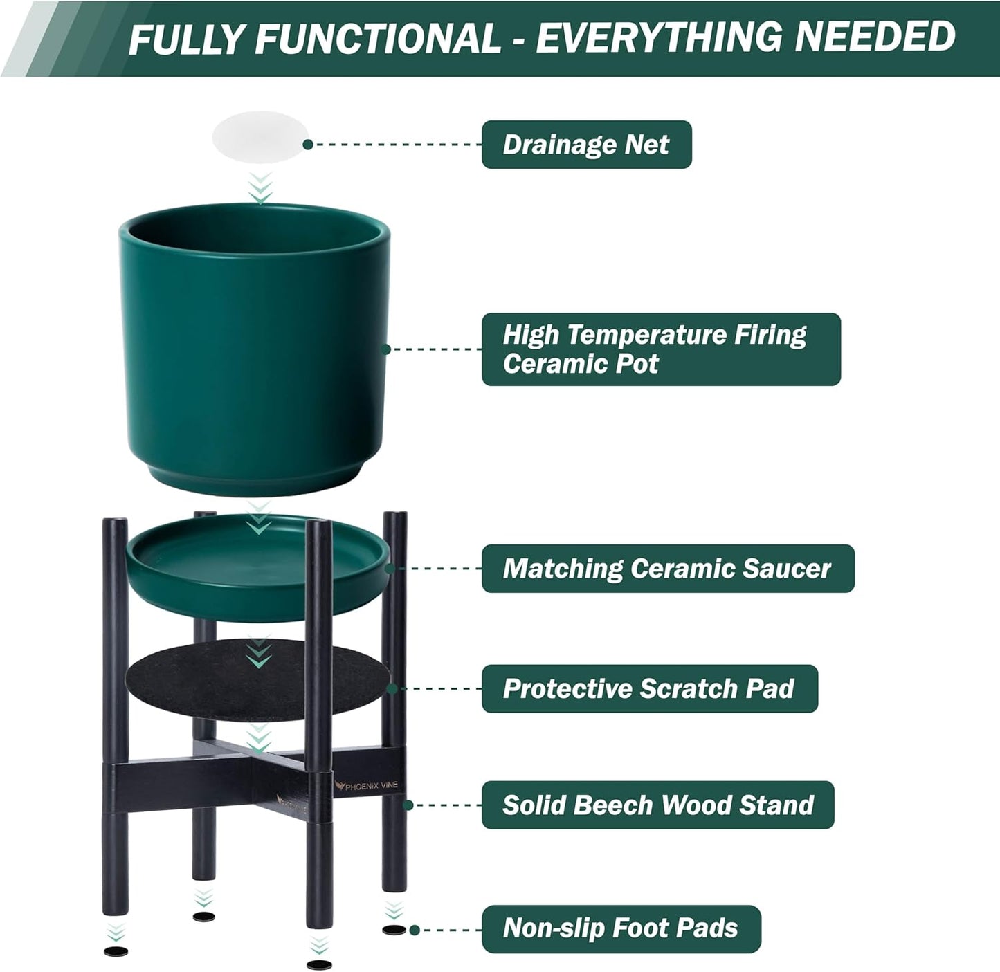 D'vine Dev Ceramic Planter with Ebony Stand - 8 Inch Modern Round Flower Pot with Wood Planter Holder, Teal, 55-B-M-4