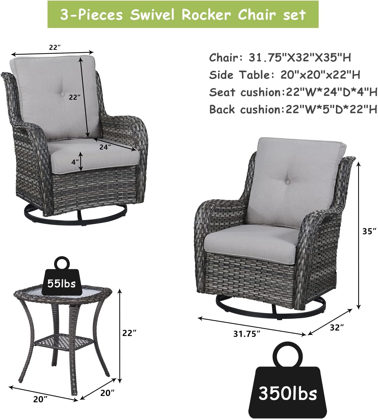 Outdoor Patio Swivel Rocker Chairs - 3 Piece Patio Bistro Set,Wicker Patio Furniture Set with 2 Swivel Rocking Chairs and 1 Glass Top Side Table for Deck Porch Garden,Mixed Grey/Beige