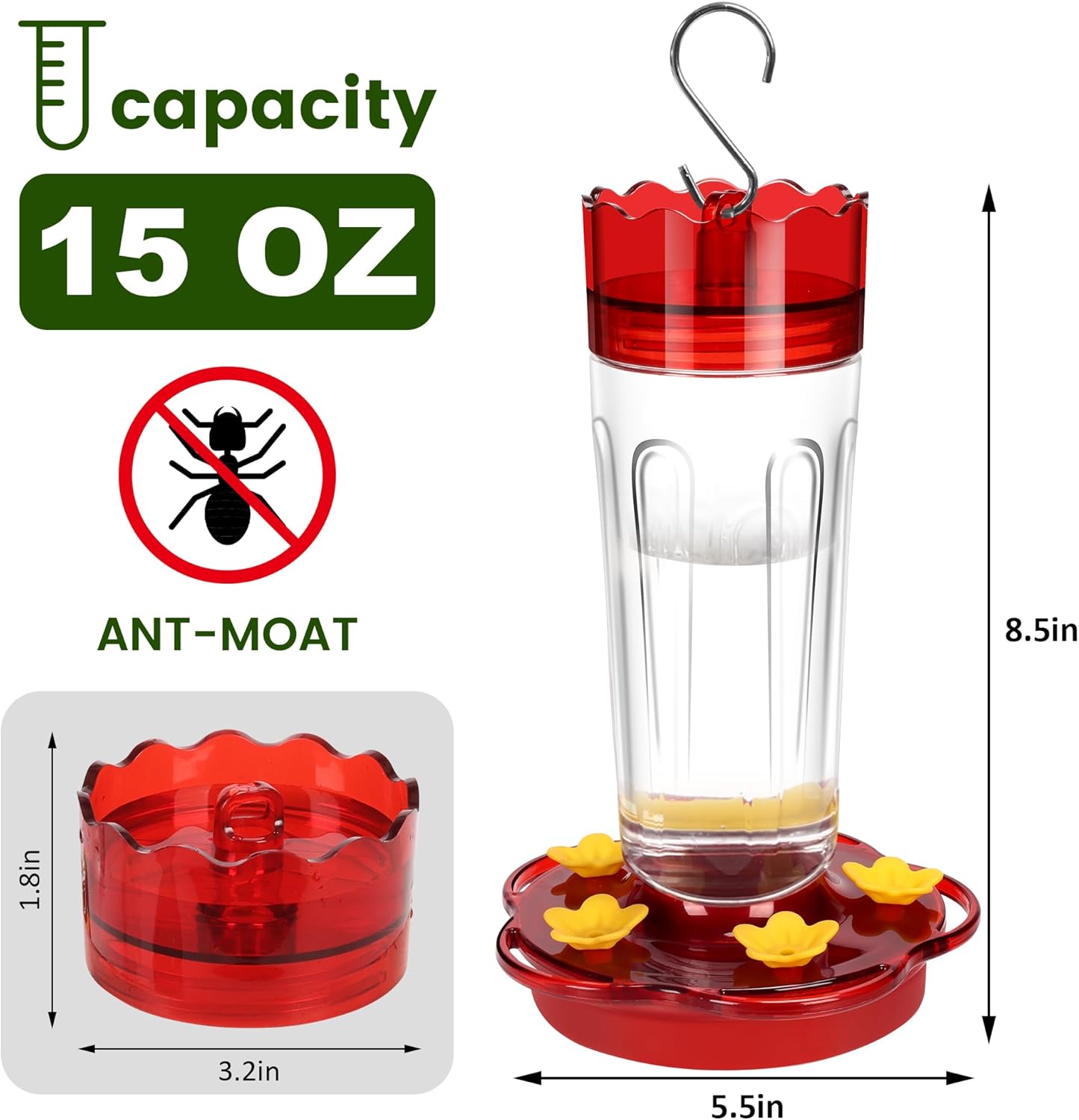 Glass Hummingbird Feeders for Outdoors Hanging Ant and Bee Proof, 1 Pack 15 Ounces Red Hummingbird Feeder with 5 Feeding Ports and Perches, Built-in Ant Moat, Outside Garden Décor (Glass, 1)