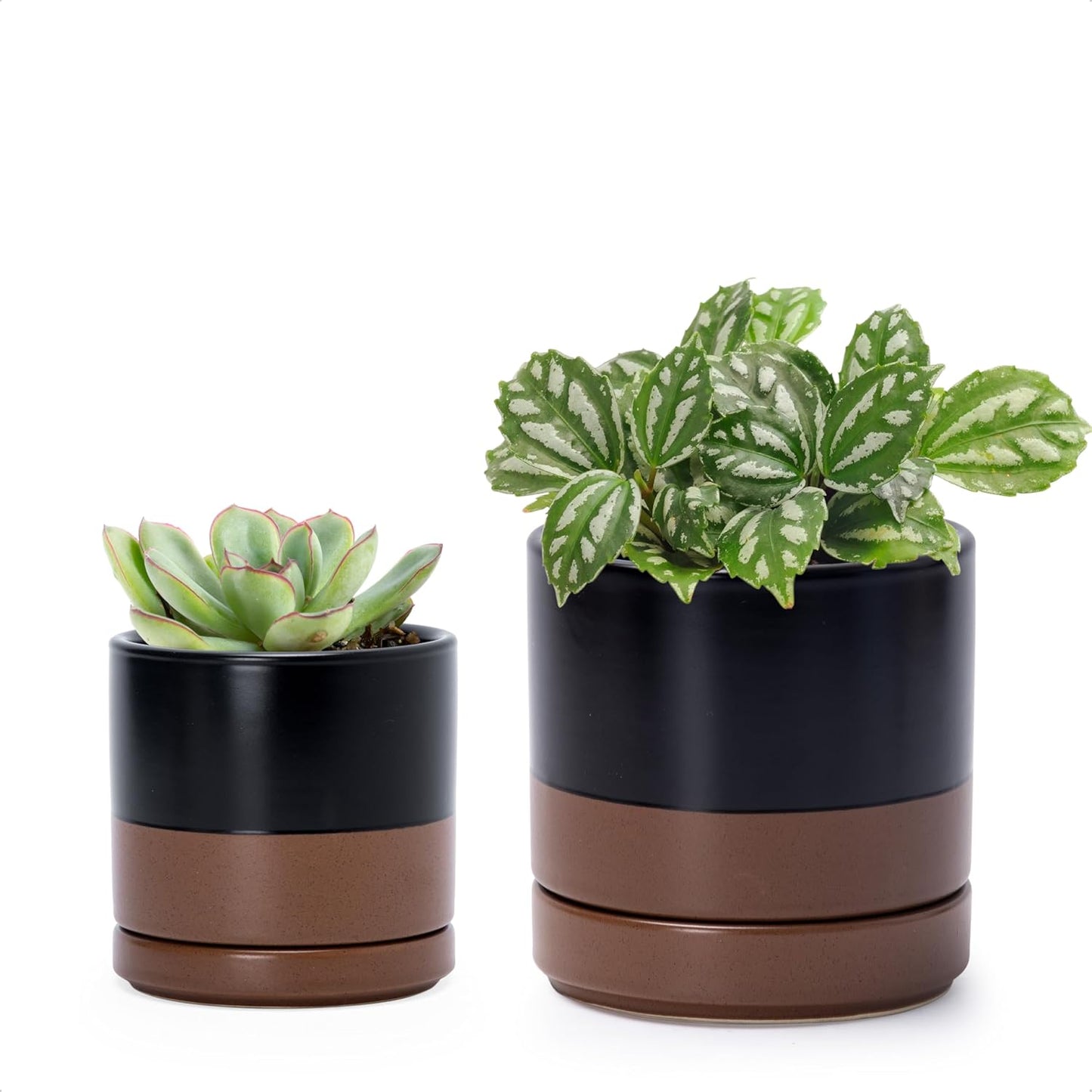 D'vine Dev 3.5 Inch & 4.7 Inch Ceramic Planter Pots for Plants with Drainage Hole and Saucer, X-Small Plant Pots Set, Black/Speckled Tan, 94-G-XS-7