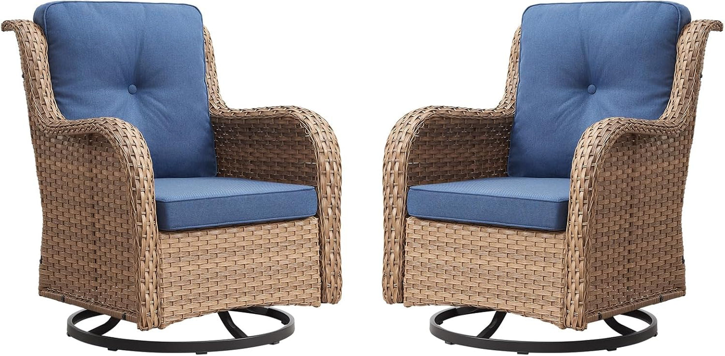 Outdoor Patio Swivel Rocker Chairs - Wicker Rattan Patio Swivel Rocking Chairs Set of 2 with High Back,Deep Seating and Comfort Cushions for Deck Porch Garden,Yellow/Blue