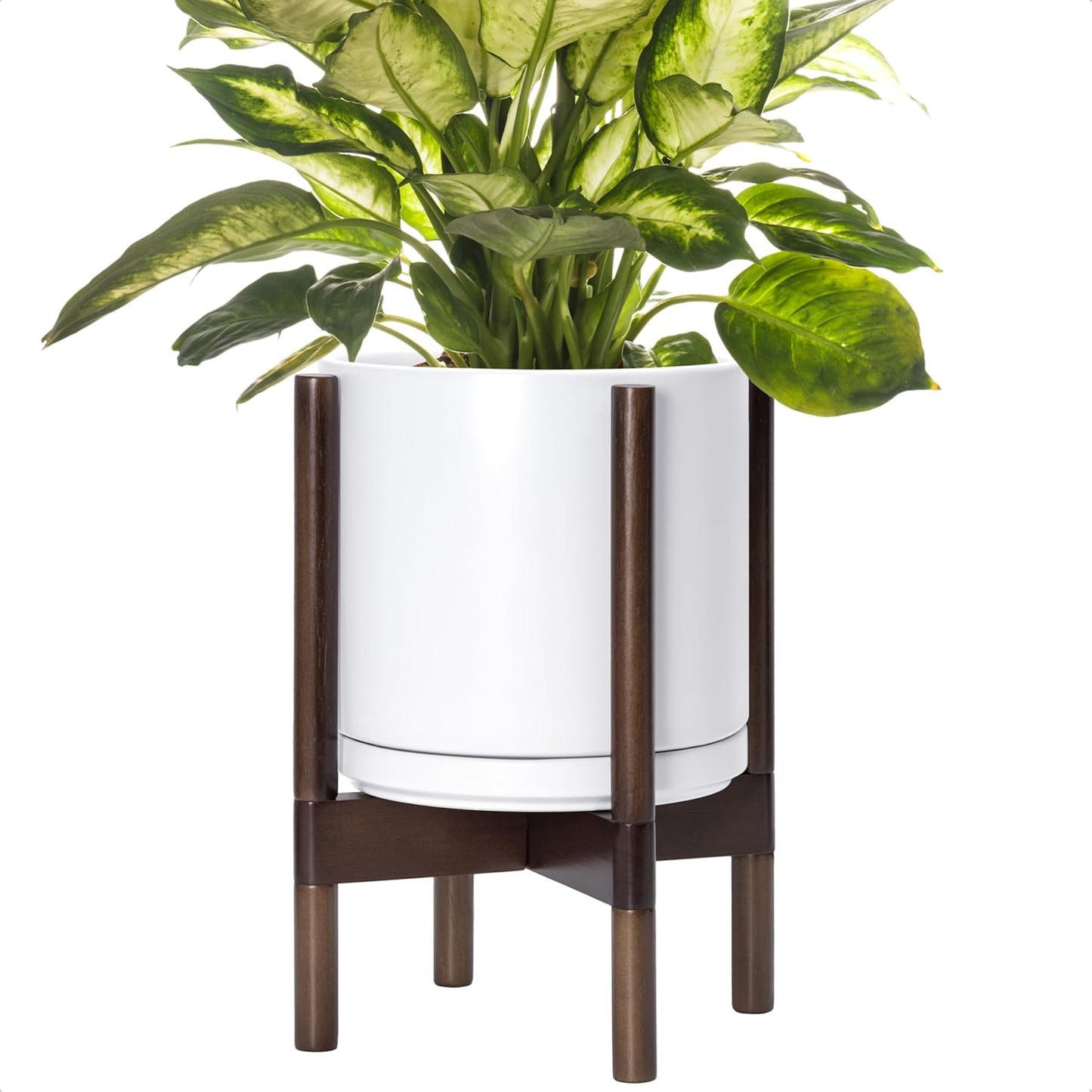 D'vine Dev Ceramic Planter with Walnut Color Stand - 10 Inch Modern Round Flower Pot with Wood Planter Holder, White, 55-B-X-1