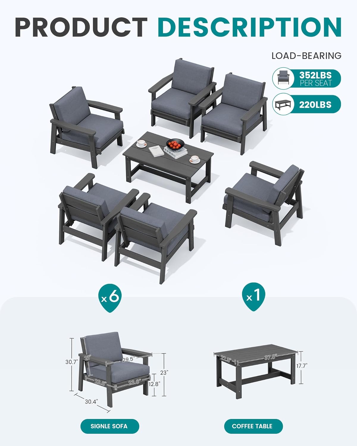 SERWALL HDPE Outdoor Furniture Set, 7 Piece All Weather Wood-Like Outdoor Sofa Sectional Couch, Grey Patio Furniture Set with Grey Cushions