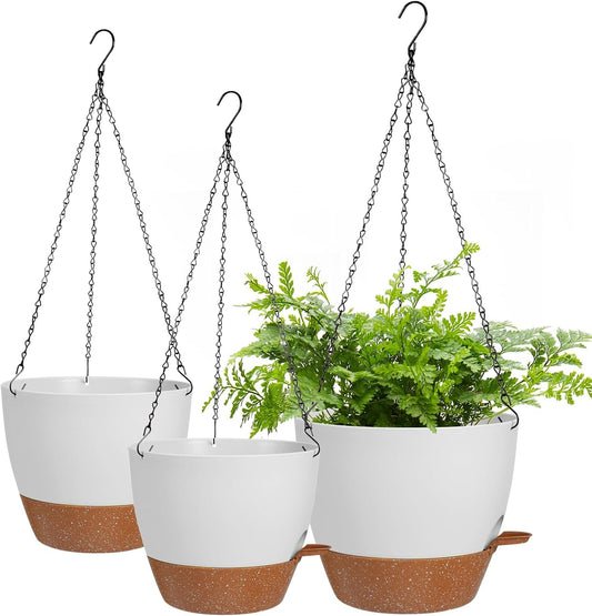10/9/8 Inch Hanging Planter for Indoor Outdoor Plants, 3 Pack Self-Watering Hanging Pot with Drainage Holes Hanging Planter Baskets Plant Pots with Removable Tray (White+Brown)