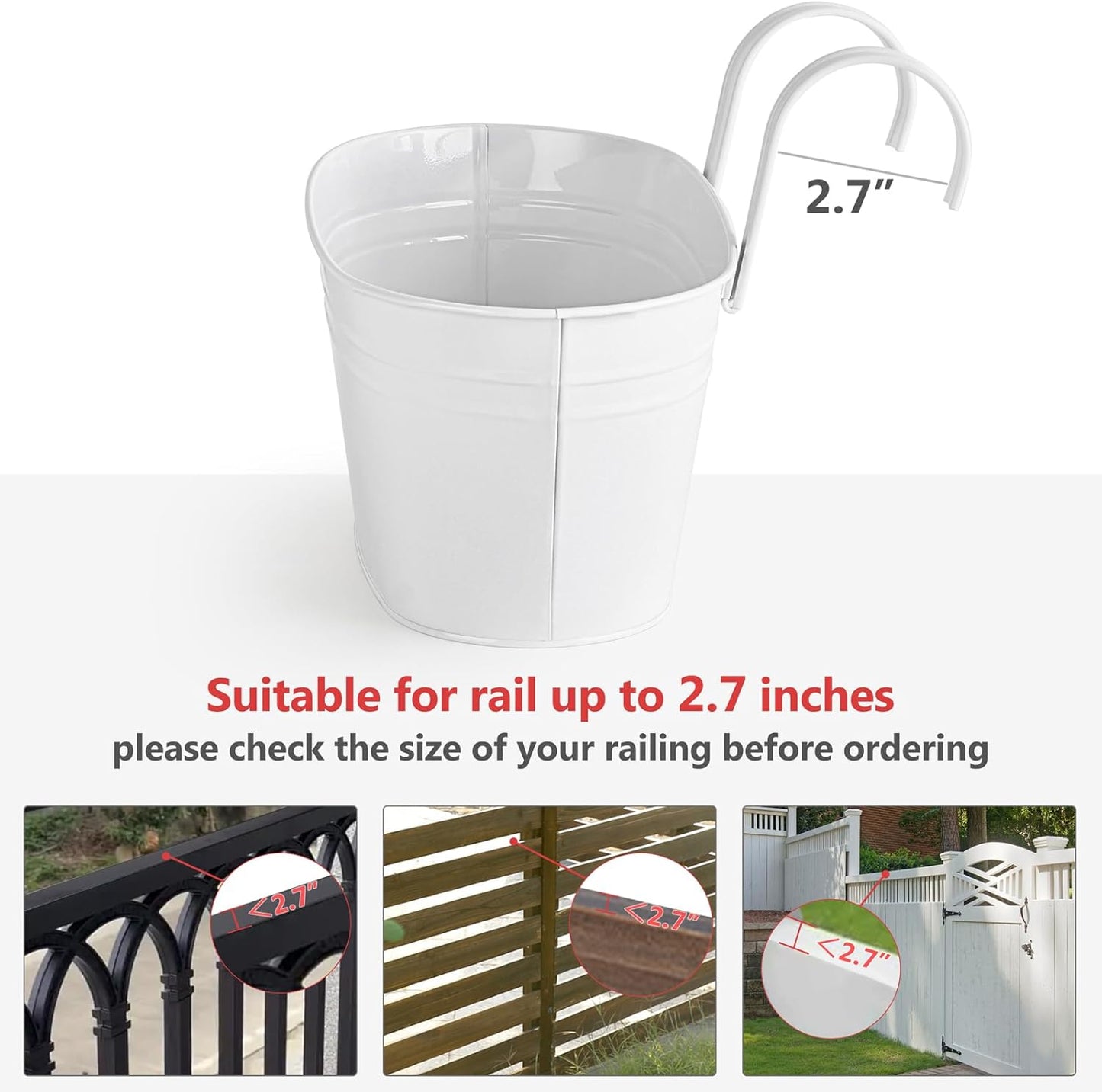 Dahey 3 Pcs Metal Iron Hanging Flower Pots for Railing Fence Hanging Bucket Pots Countryside Style Window Flower Plant Holder with Detachable Hooks Home Decor,White