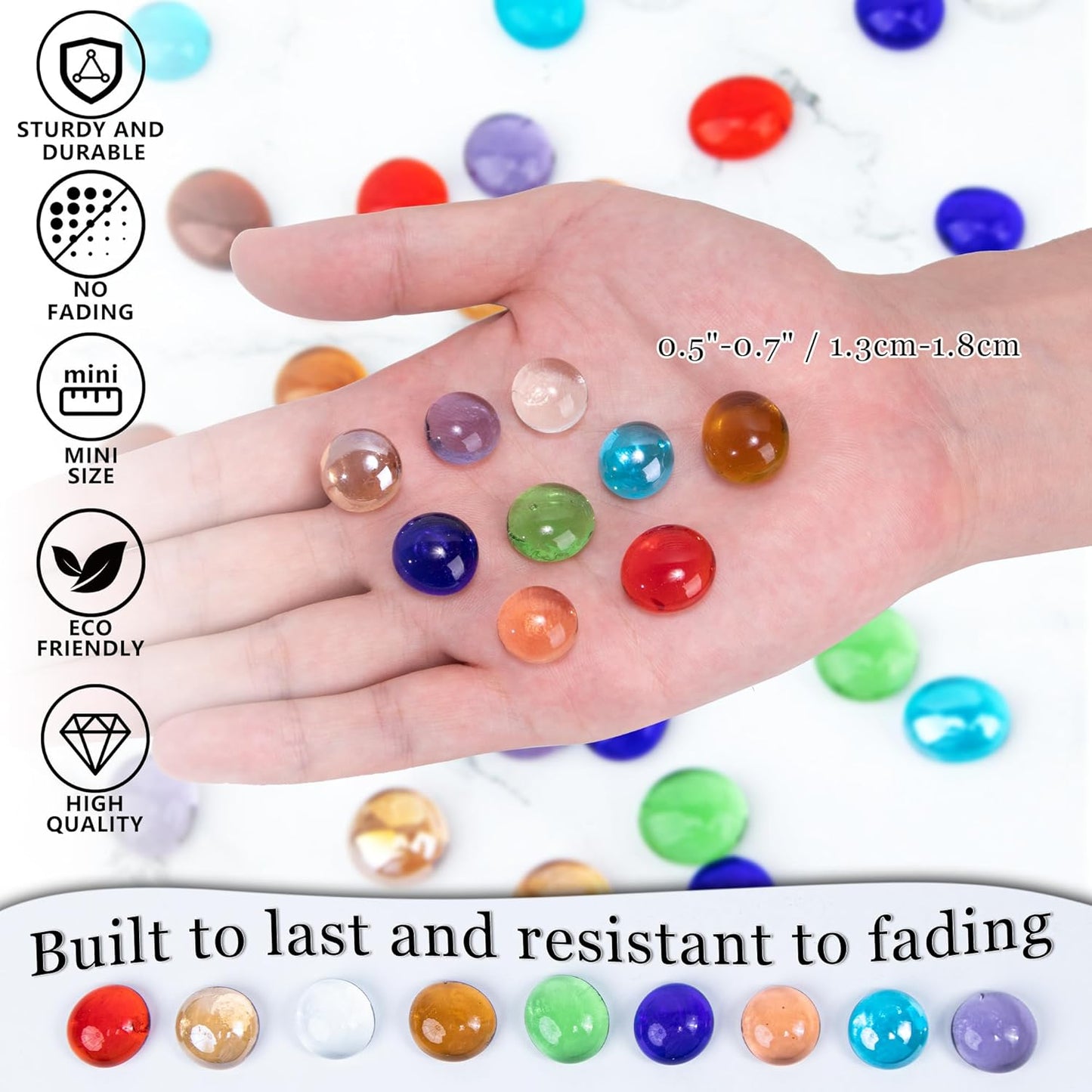 2LB Mini Glass Gems,Mixed Colour Mancala Stones Flat Bottom Marble Beads for Home Decorative Art Craft Vase Filler(0.5"~0.7")