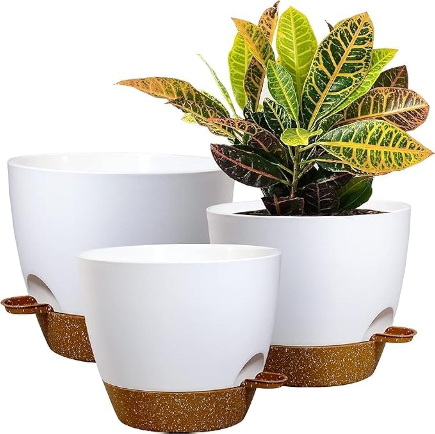 10/9/8 inch Self Watering Pots, Set of 3 Plastic Planters with Mesh Drainage Holes and Deep Reservoir for Indoor Outdoor Garden Plants and Flowers, White with Brown