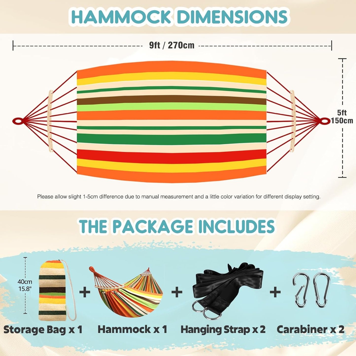 Anyoo Garden Cotton Hammock Comfortable Fabric Hammock with Spreader Bar Sturdy Hammocks Up to 450lbs Portable Lightweight Hammocks with Travel Bag for Camping Outdoor/Indoor Patio Backyard