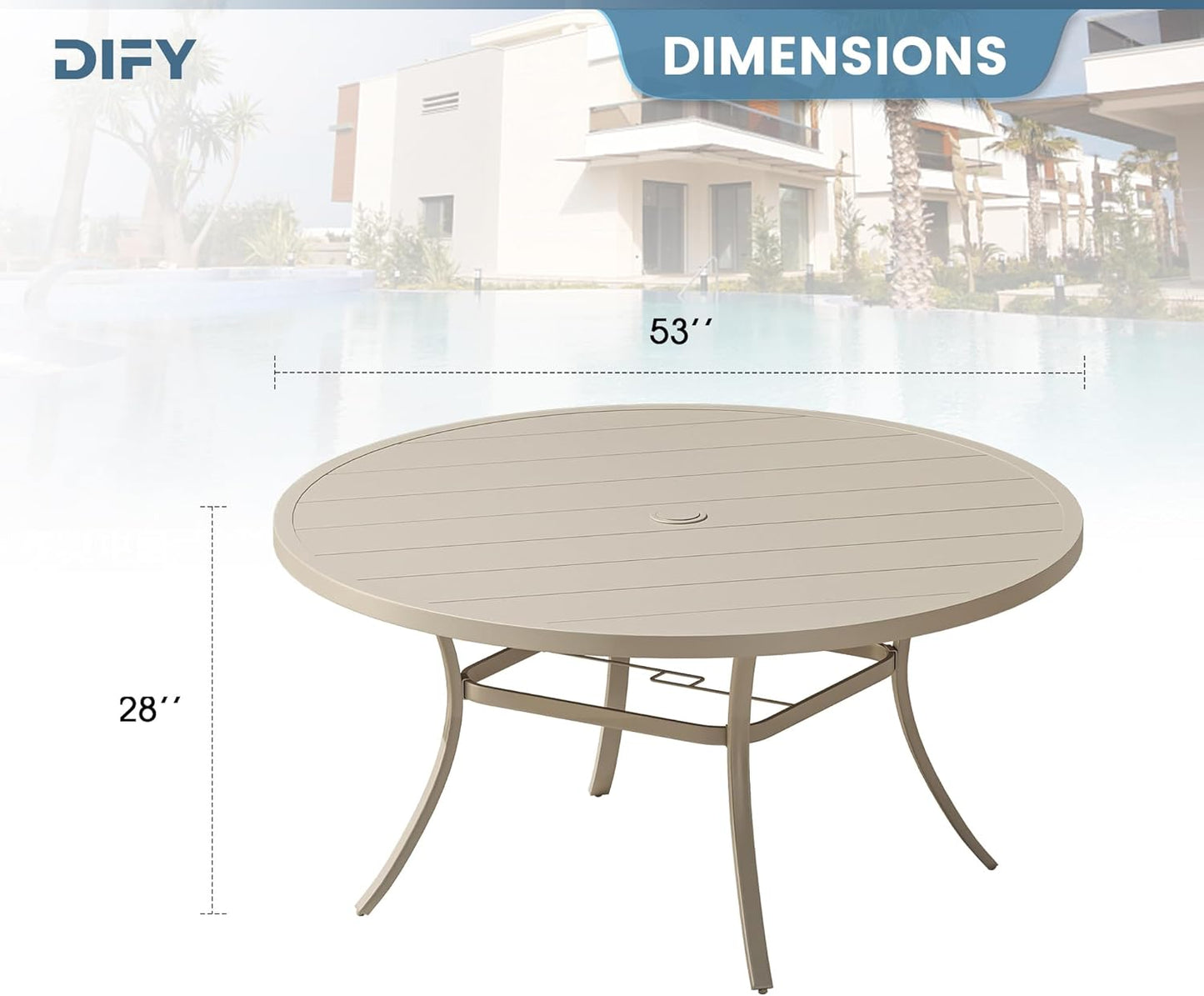 DIFY 53" Round Outdoor Patio Dining Table for 8, Metal Patio Table with 1.57" Adjustable Umbrella Hole, All-Weather Dining Furniture Table for Backyard Lawn Garden, Cream