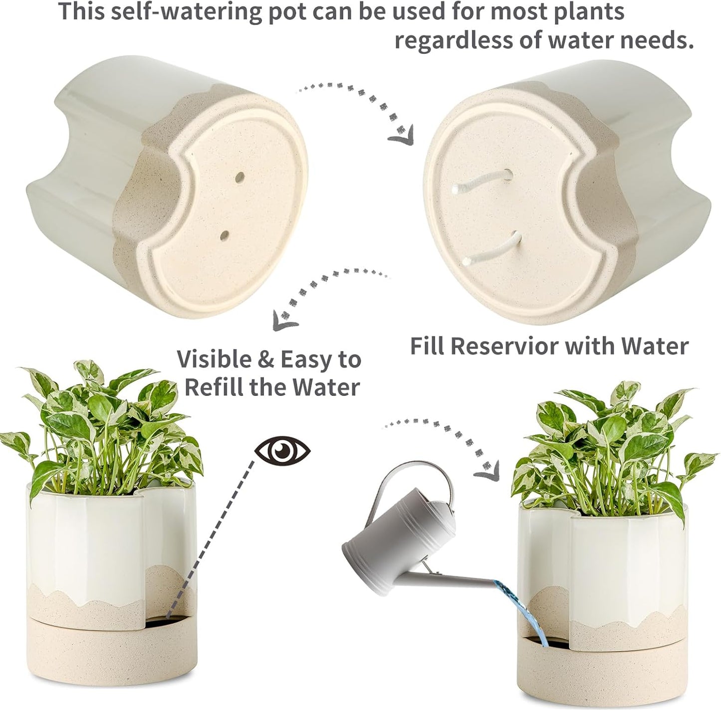Nihow Self Watering Plant Pot: 8 Inch Ceramic Planter with Drainage Hole & Water Storage Plus for Indoor & Outdoor Plants - Cylinder Round Flower Pot for Succulent/Herbs/Violets - White & Wave Nature