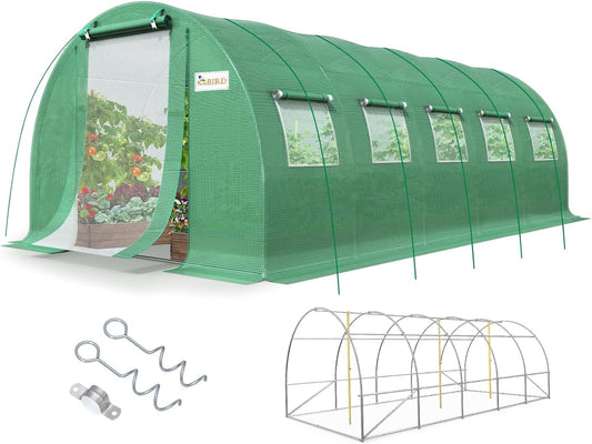 KING BIRD Premium 25x10x6.6FT Greenhouse for Outdoors, Large Walk-in Heavy Duty Galvanized Steel Frame, Mesh Door Screen Window Upgraded Zipper Tunnel Hoop for Garden Plant Winter, Green