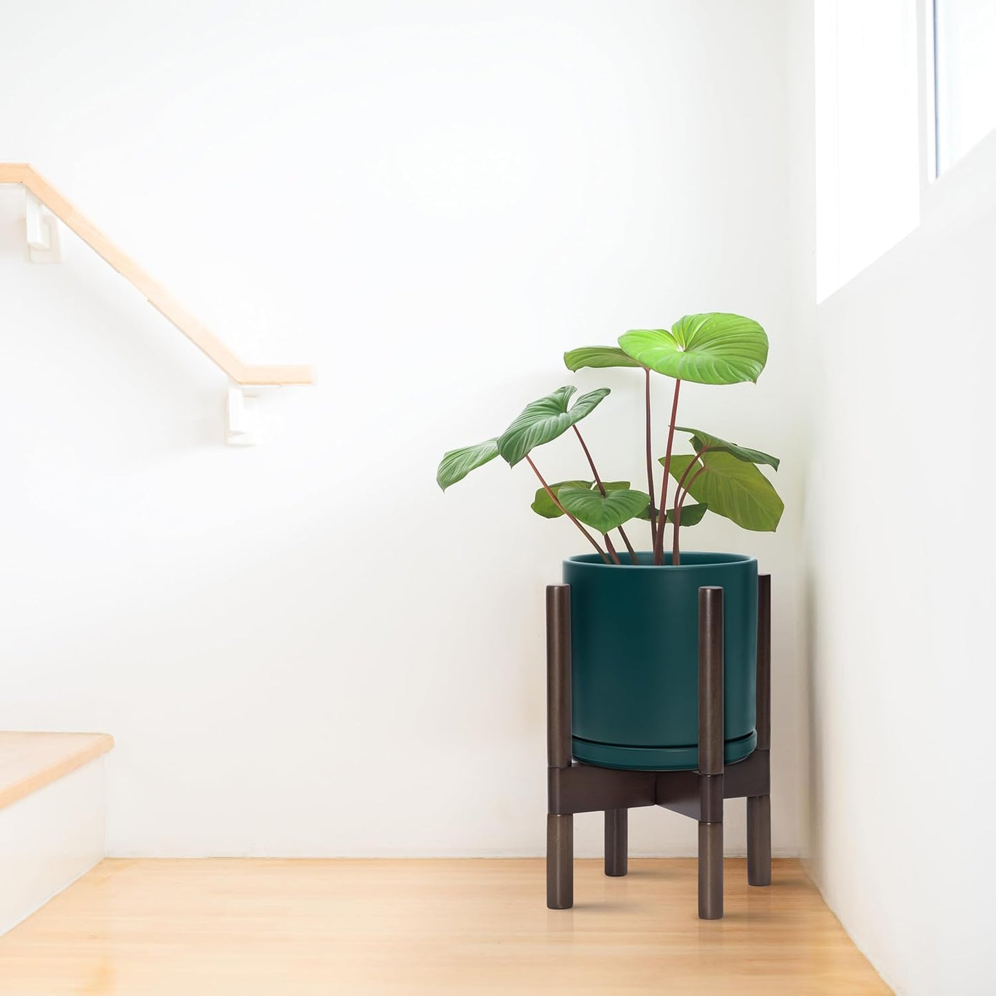 D'vine Dev Ceramic Planter with Walnut Color Stand - 8 Inch Modern Round Flower Pot with Wood Planter Holder, Teal, 55-B-Y-4