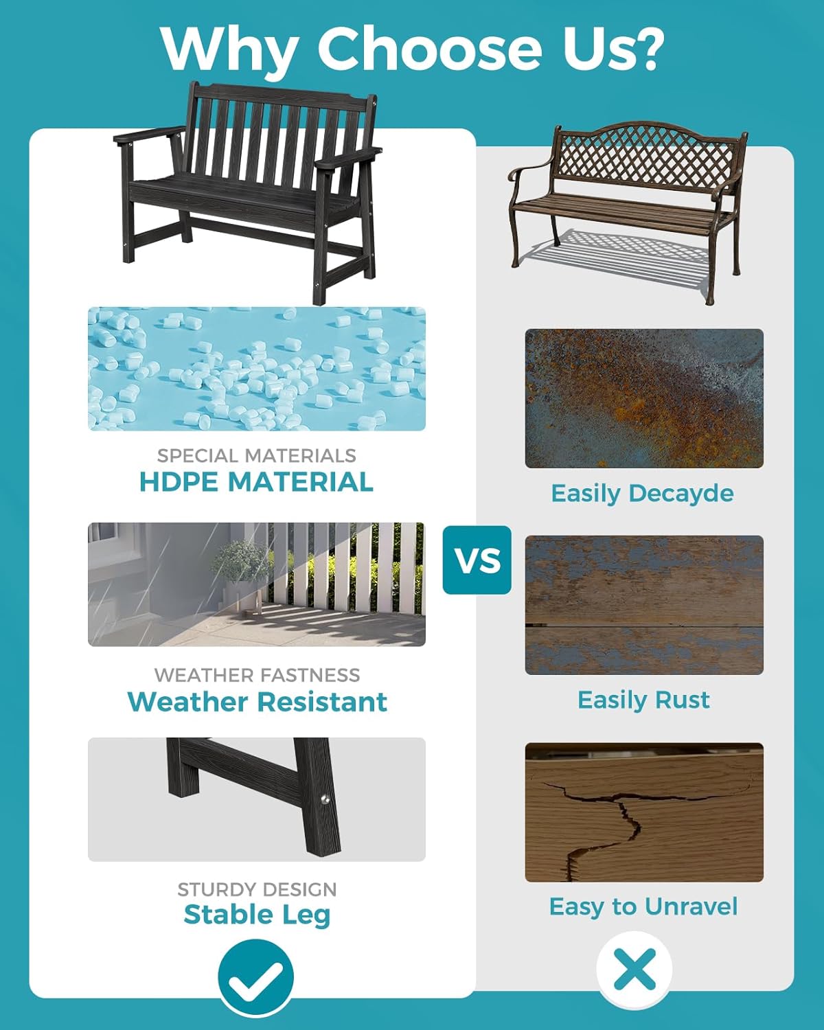 Outdoor Bench, 2-Person HDPE Garden Bench, All Weather Poly Patio Bench for Outdoors, Garden, Backyard, Porch and Park, 660 lbs Weight Capacity, Black, 2 Pack