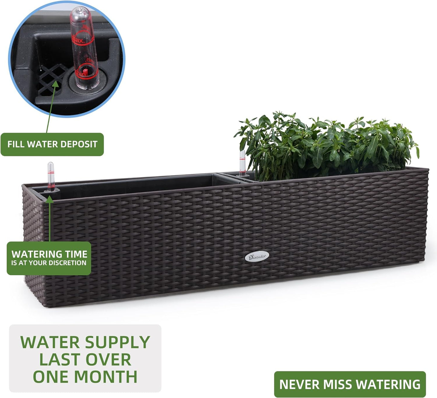 Dexceder 31.5 Inch Rattan Self Watering Planter Indoor Outdoor, Thickened Large Rail Flower Plant Pot Window Box with Water Level Indicators & Bracket (Brown)