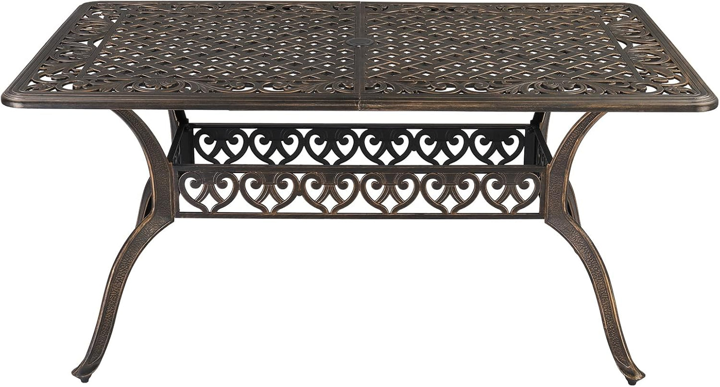 Outvita 59inch Patio Dinning Table, Outdoor Cast Aluminum Large Rectangle Table with Umbrella Hole and Antique Design for Backyard Pool Balcony Deck