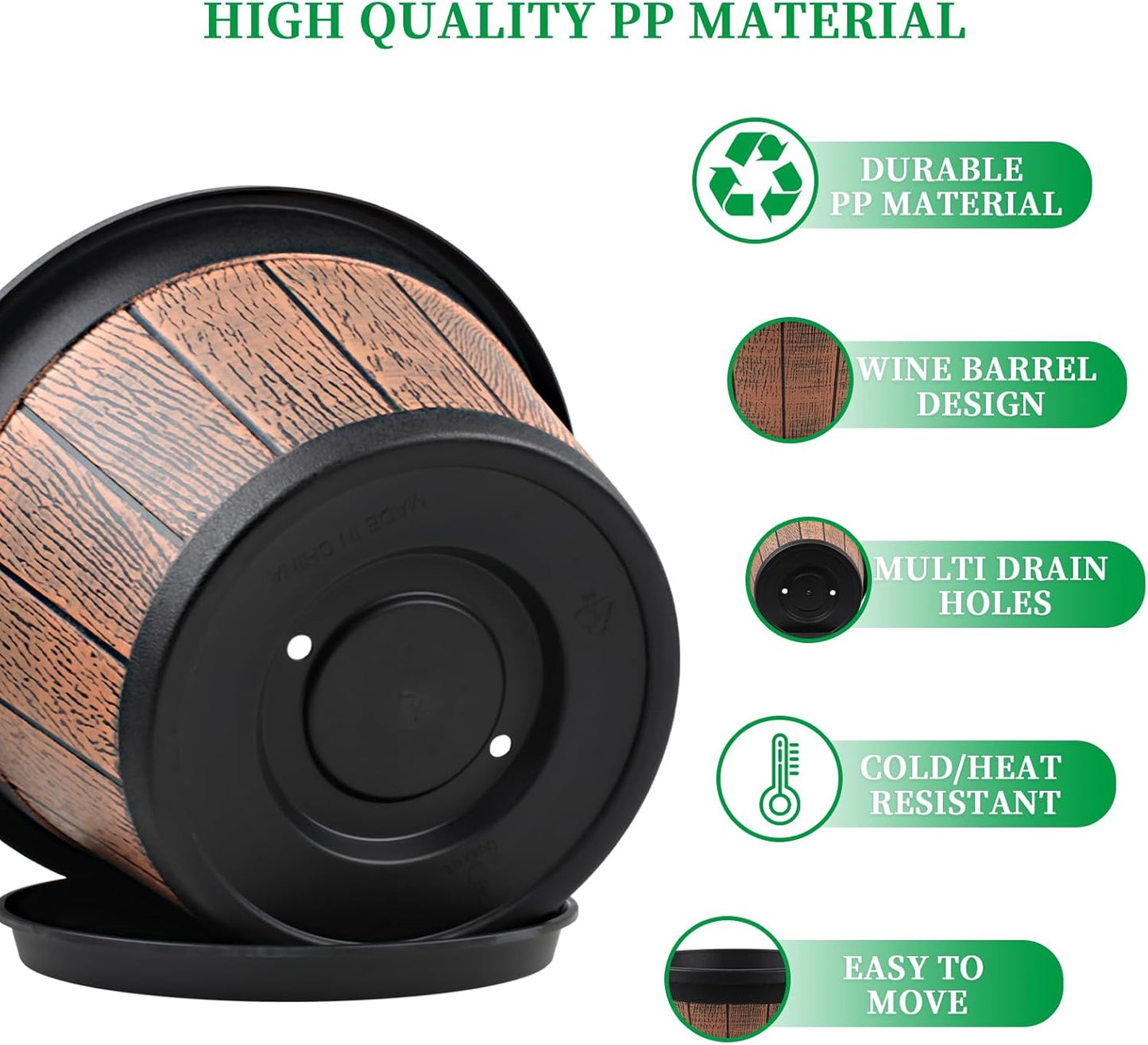 Quarut Large 4 Pack 14 inch Plant Pots,Whiskey Barrel Planters with Drainage Holes & Saucer,Plastic Decoration Flower Pots Retro Design,Planters for Outdoor Indoor Garden Balcony Plants (Brown)