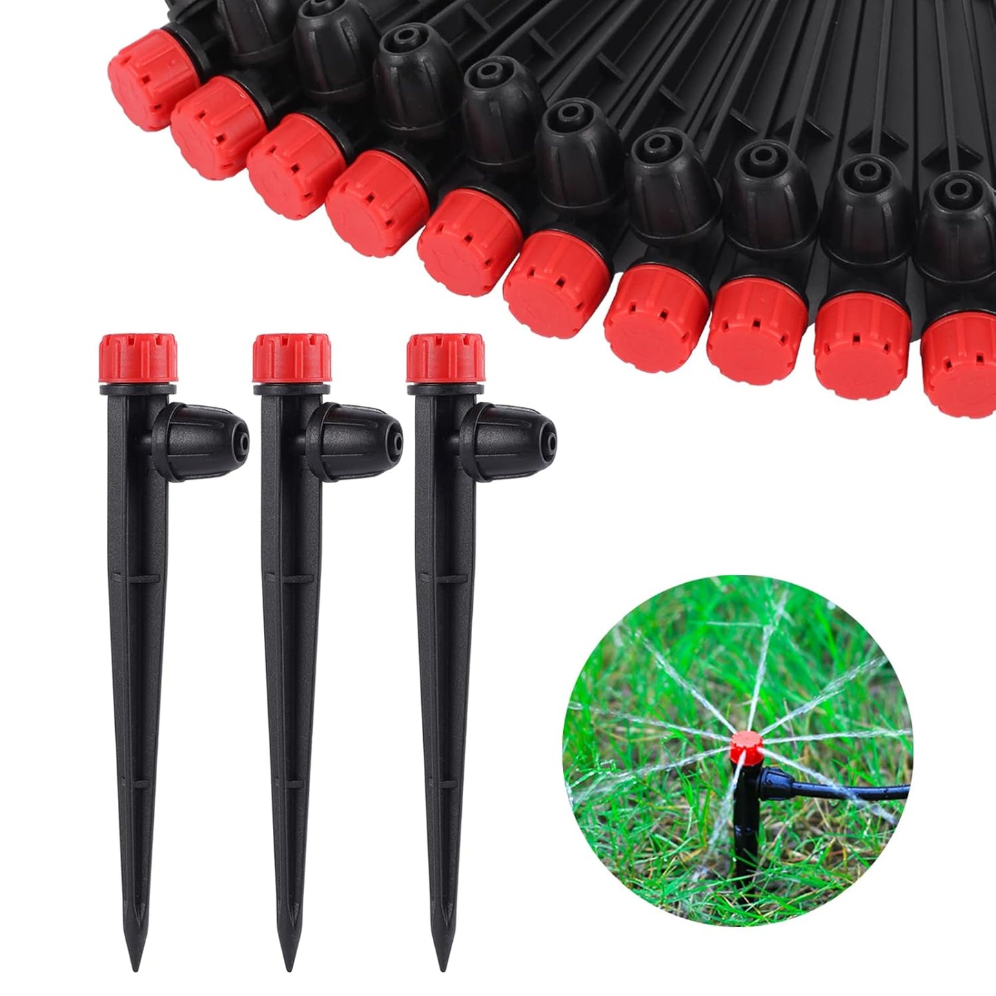 Drip Irrigation Emitters Adjustable 360 Degree Drip Emitters on 5" with Stake for 1/4" Drip Irrigation Tubing Irrigation Drippers for Garden Watering System. (50pcs-Red Drip)