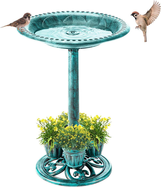 Bird Bath for Outside with 4 Removable Flower Planters 28in Polyresin Lightweight Vintage Birdbath Stake Standing Bowl and Water Feeder Yard Gardan Decor Green