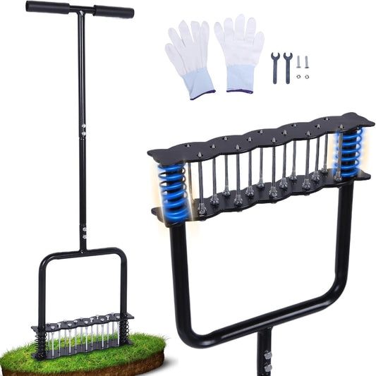 Lawn Aerator Tool, Manual Lawn Aerators with 14 Iron Spikes, Spring-Loaded Design Lawn Air Aerator Tool, Metal Manual Push Aerator, Lawn Tool for Loosening Soil Aerating Patio, Yard