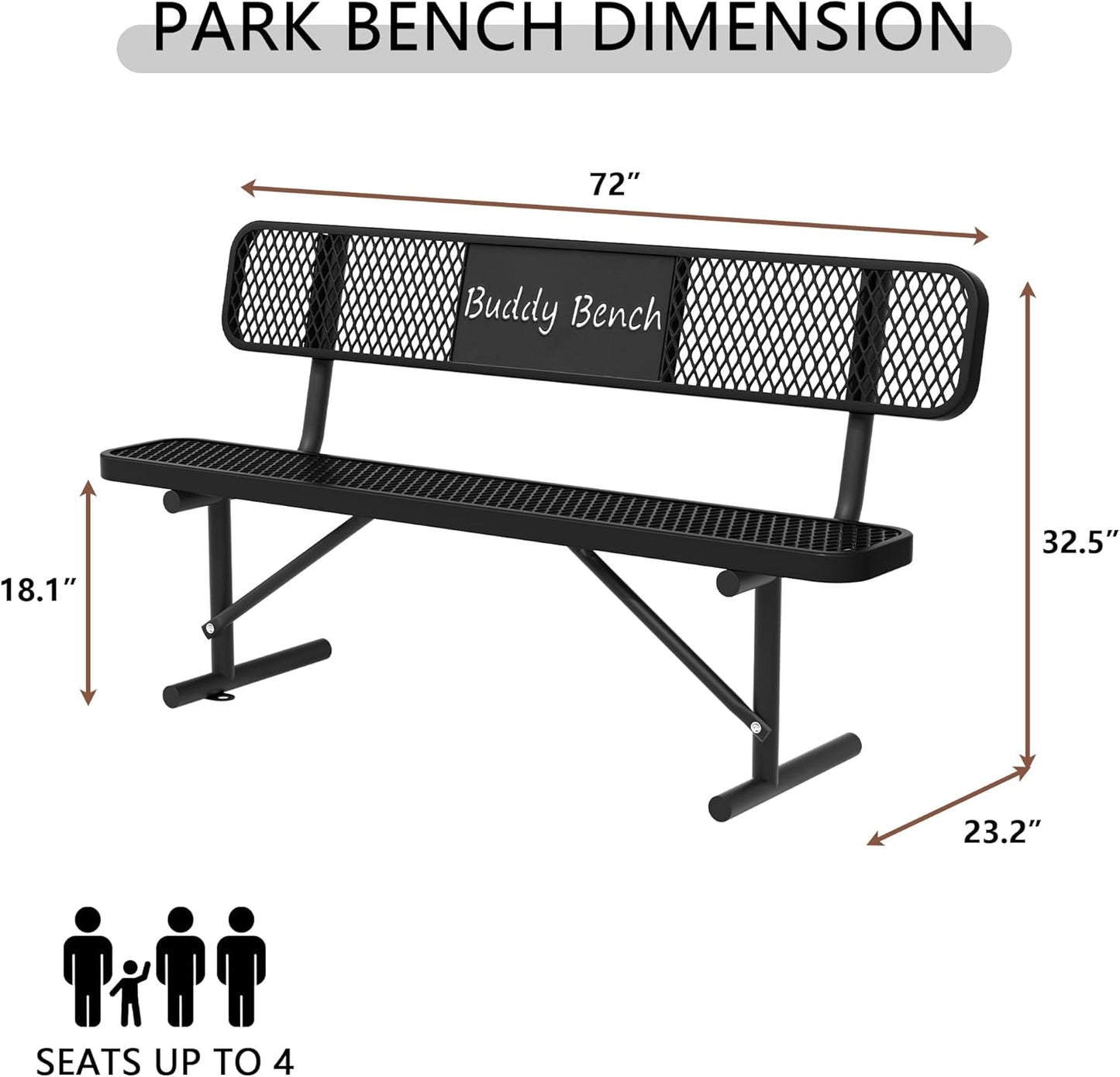 6 Feet Steel Park Bench for Outside, Outdoor Bench with Backrest & Portable Frame, Commercial Benches for Parks, School, Patio, Deck, Store,Black