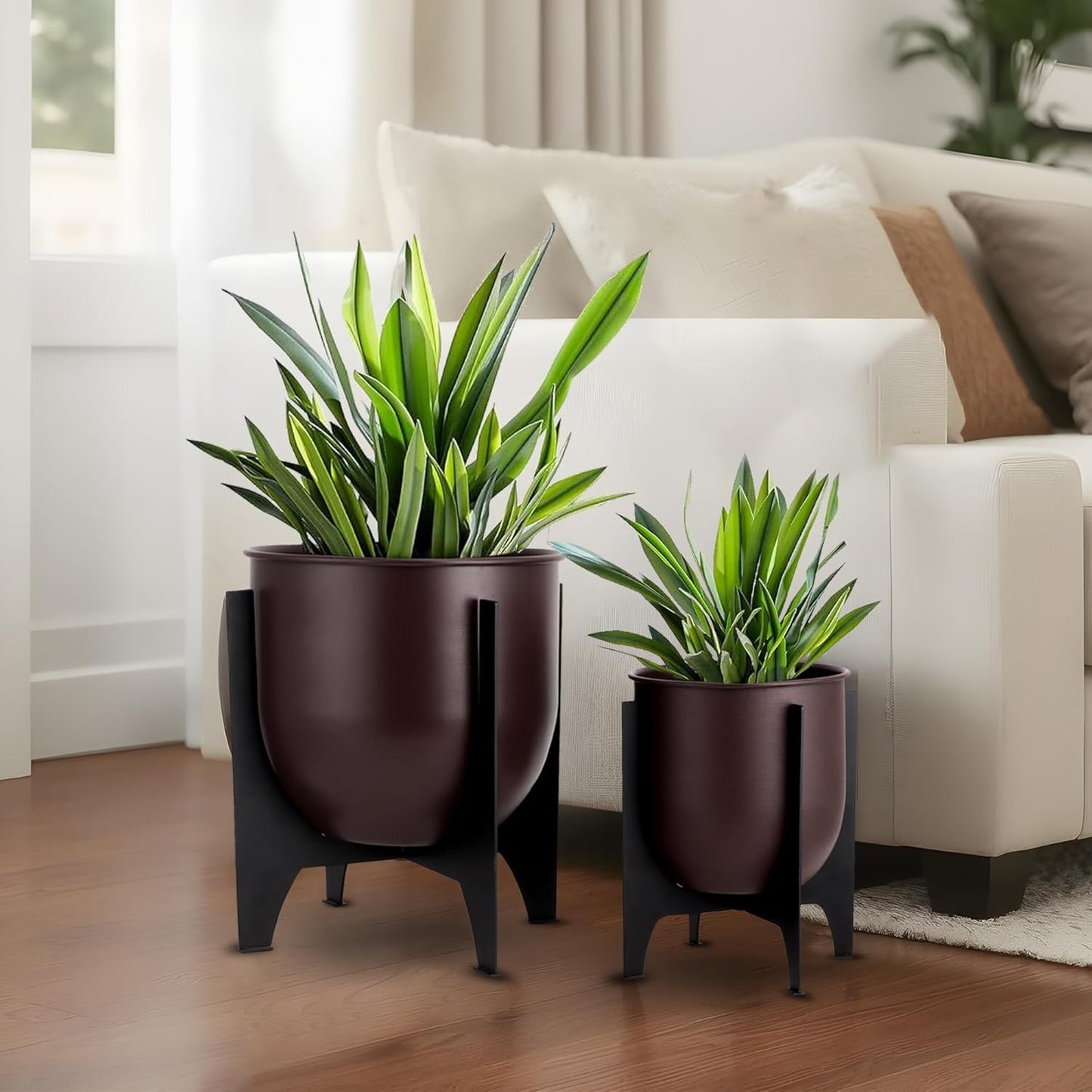 TRIROCKS Set of 2 Planters with Stand Indoor Outdoor Metal Plant Stand 11 &8.5" H Modern Planters Flower Pots for Living Room Corner Kitchen Office Garden Balcony Patio Decor